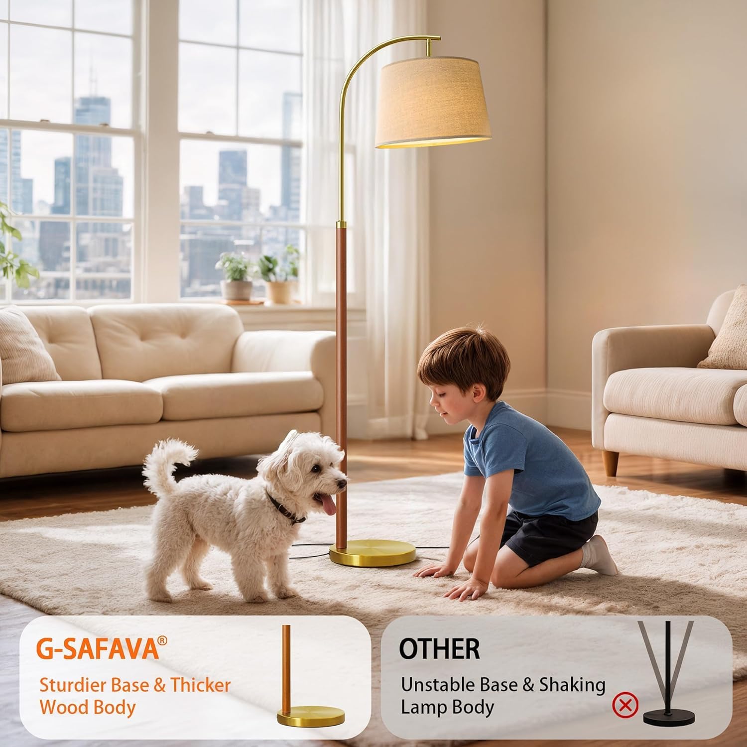 62.5" Wood Floor Lamp for Living Room Gold with Foot Switch Arc Standing Tall Lamps for Bedroom Mid Century Modern Corner Floor Lamps for Office Nursery Industrial Reading Light Room Lamp - Image 3