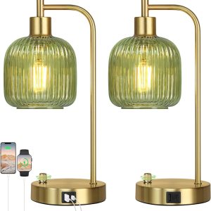 QiMH Industrial Table Lamp for Bedroom Set of 2, Green Glass Beside Lamp with USB A&C Ports, Stepless Dimmable Gold Lamps, Nightstand Lamps for Living Room, Office, Home Decor(Bulb Included)
