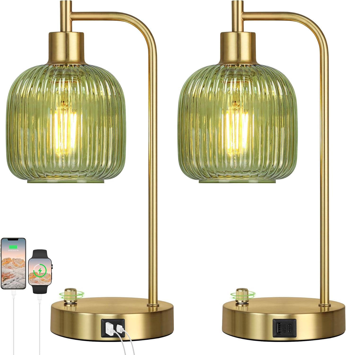 QiMH Industrial Table Lamp for Bedroom Set of 2, Green Glass Beside Lamp with USB A&C Ports, Stepless Dimmable Gold Lamps, Nightstand Lamps for Living Room, Office, Home Decor(Bulb Included)