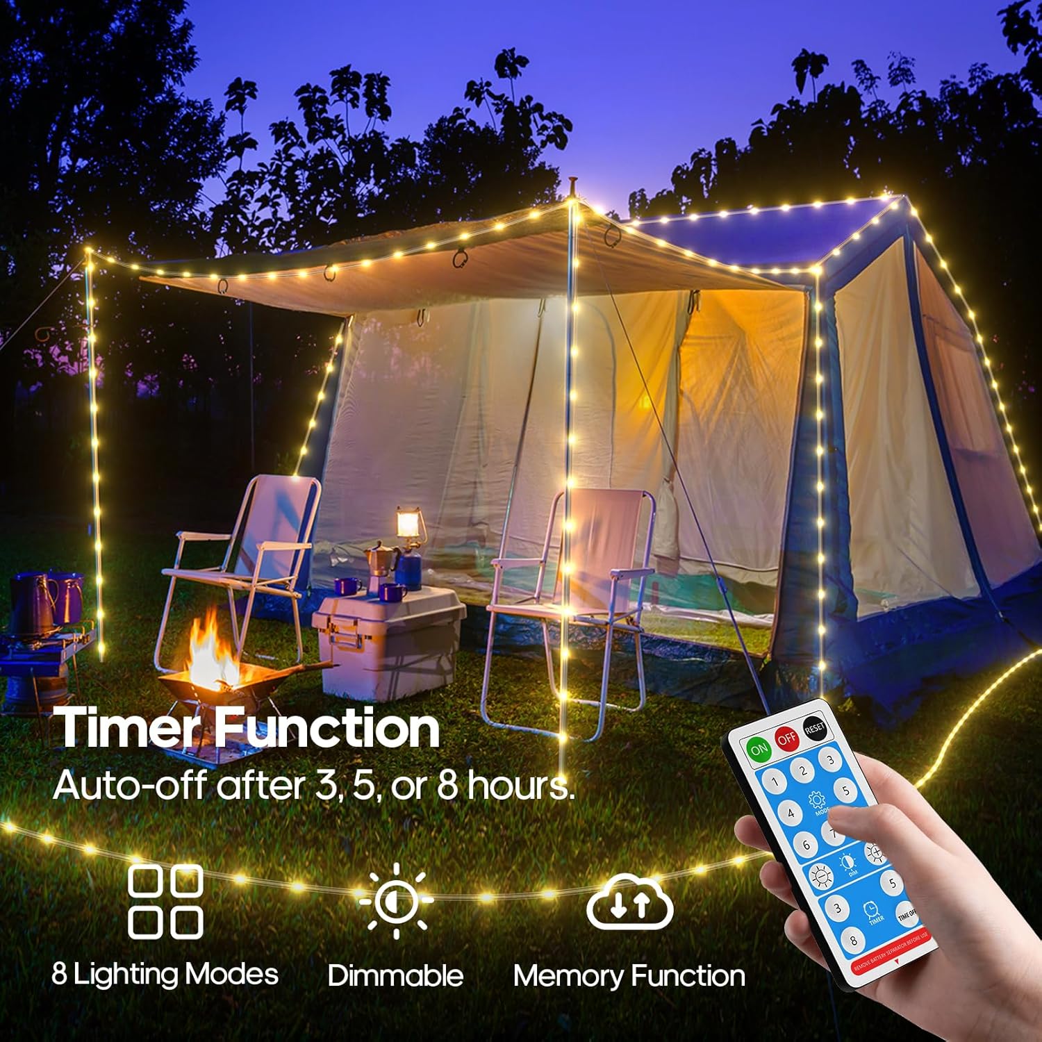 ICRGB Solar Rope Lights Outdoor, 66FT 200LED Christmas Fairy Light with Remote, IP67 Waterproof Solar String Lights, Timing & 8 Modes, Outdoor Light for Garden Patio Porch Pool, Warm White - Image 3