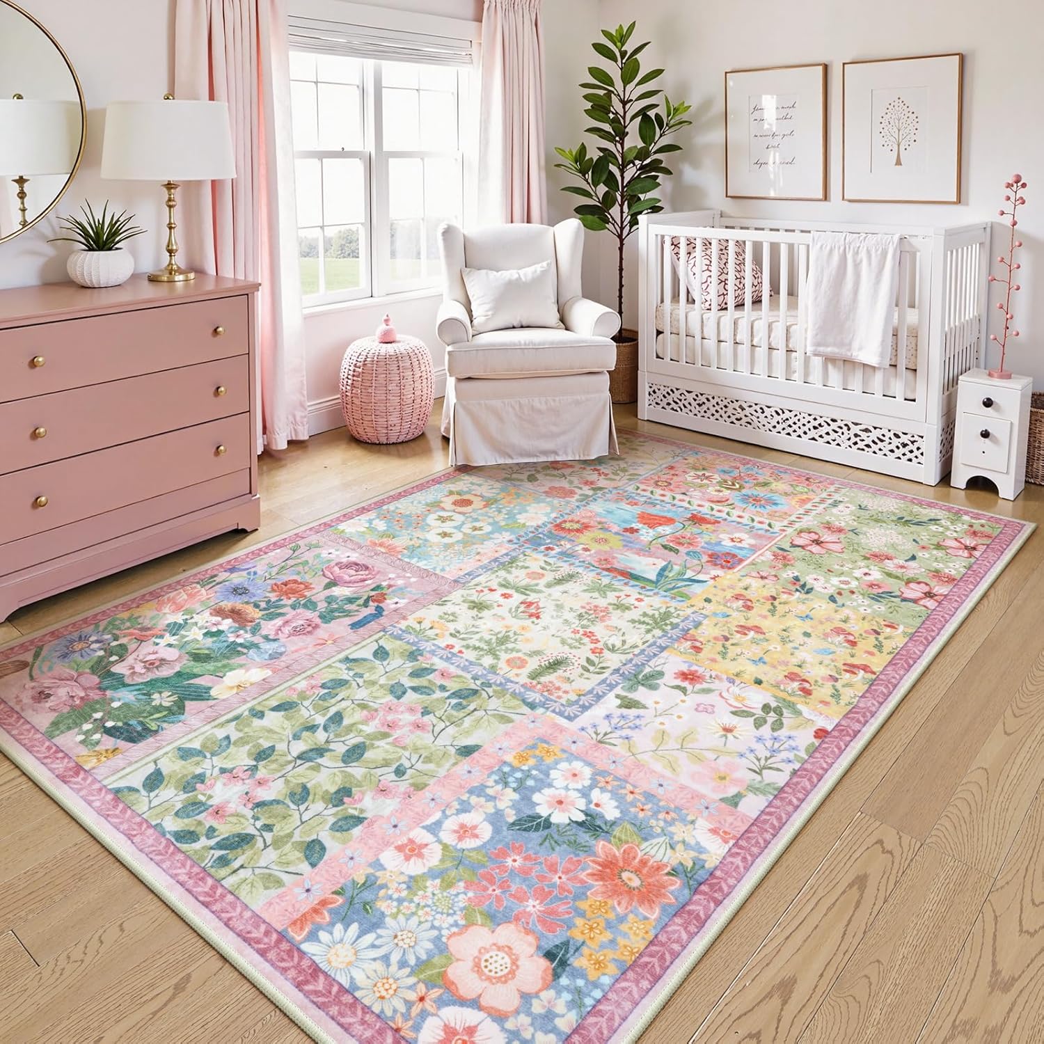 LIVEBOX 5 x 7 Pink Rugs for Bedroom Girls, Soft Patchwork Pink Rug for Living Room, Non-Slip Nursery Rug Girl, Washable Rugs 5×7 Carpet for Playroom