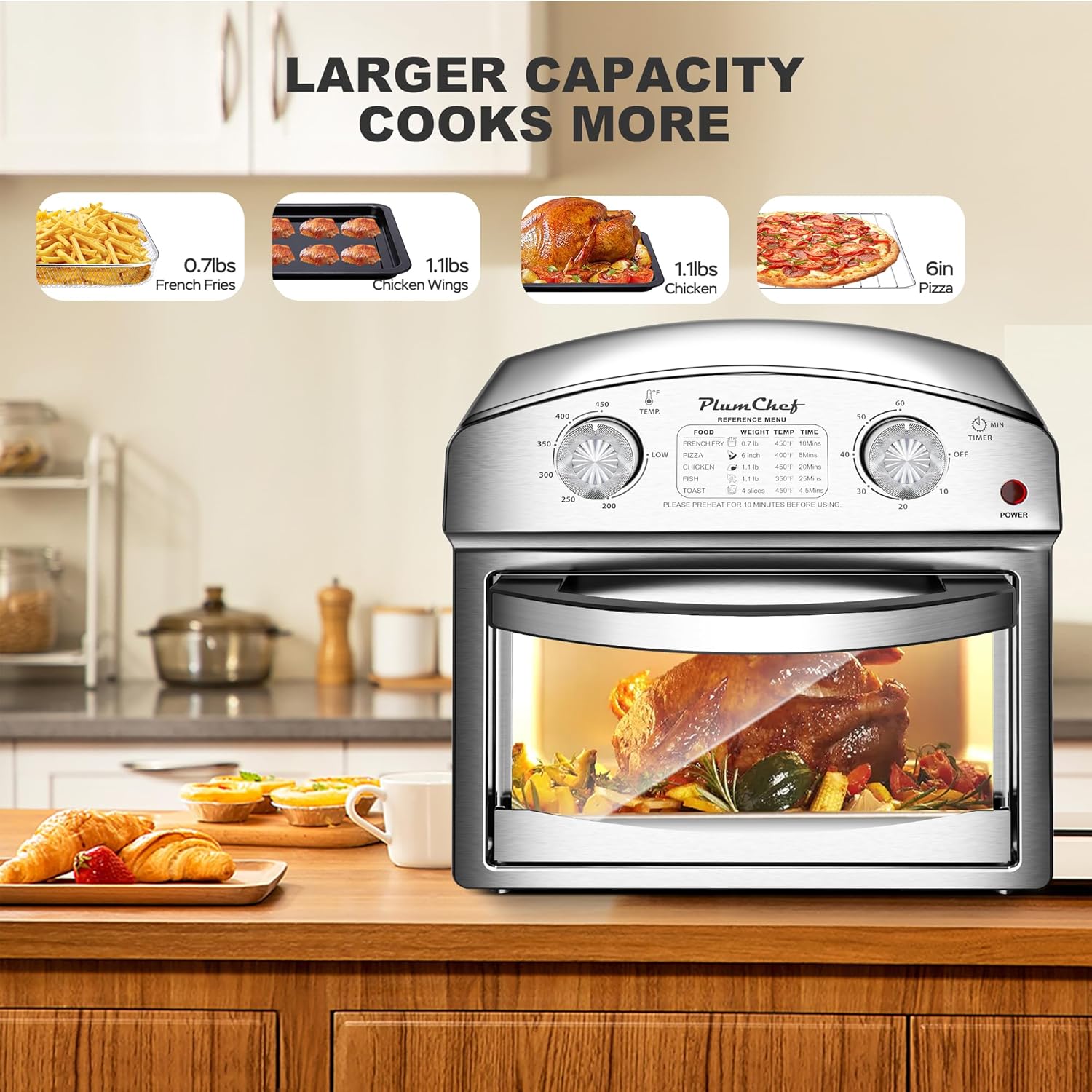 PlumChef 13 Quart 4 Slices Air Fryer Convection Toaster Oven, 1500W, Multifunction Oven with Reference Menus on Panel, Time and Temperature Controls,Stainless Steel - Image 7