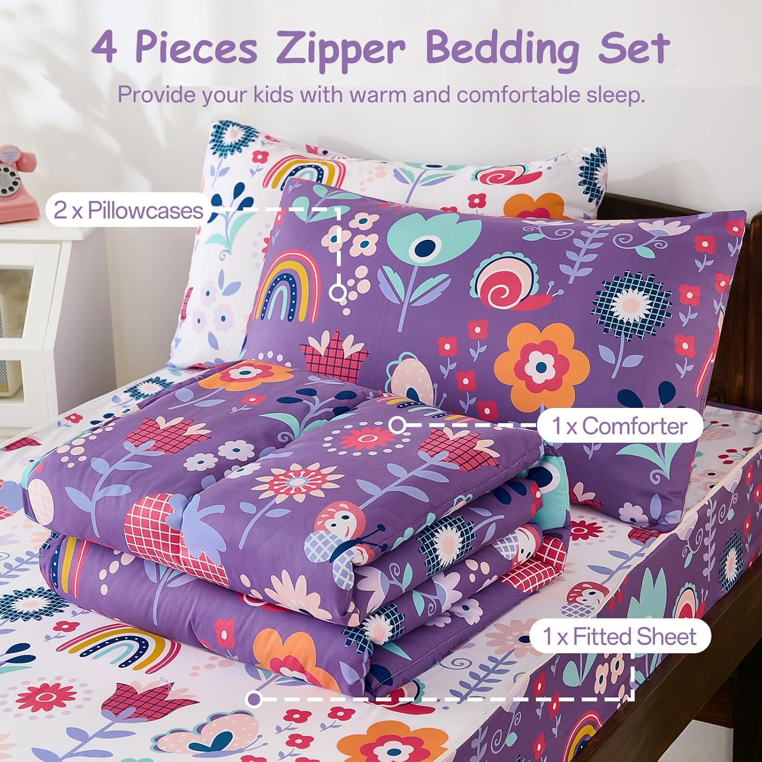 DJY Zipper Bedding Set Full, Purple Floral Bedding Sets for Girls, Kids Comforter Set with Fitted Sheet Pillowcases, All in One Zipper Bed Set for All Seasons - Image 6