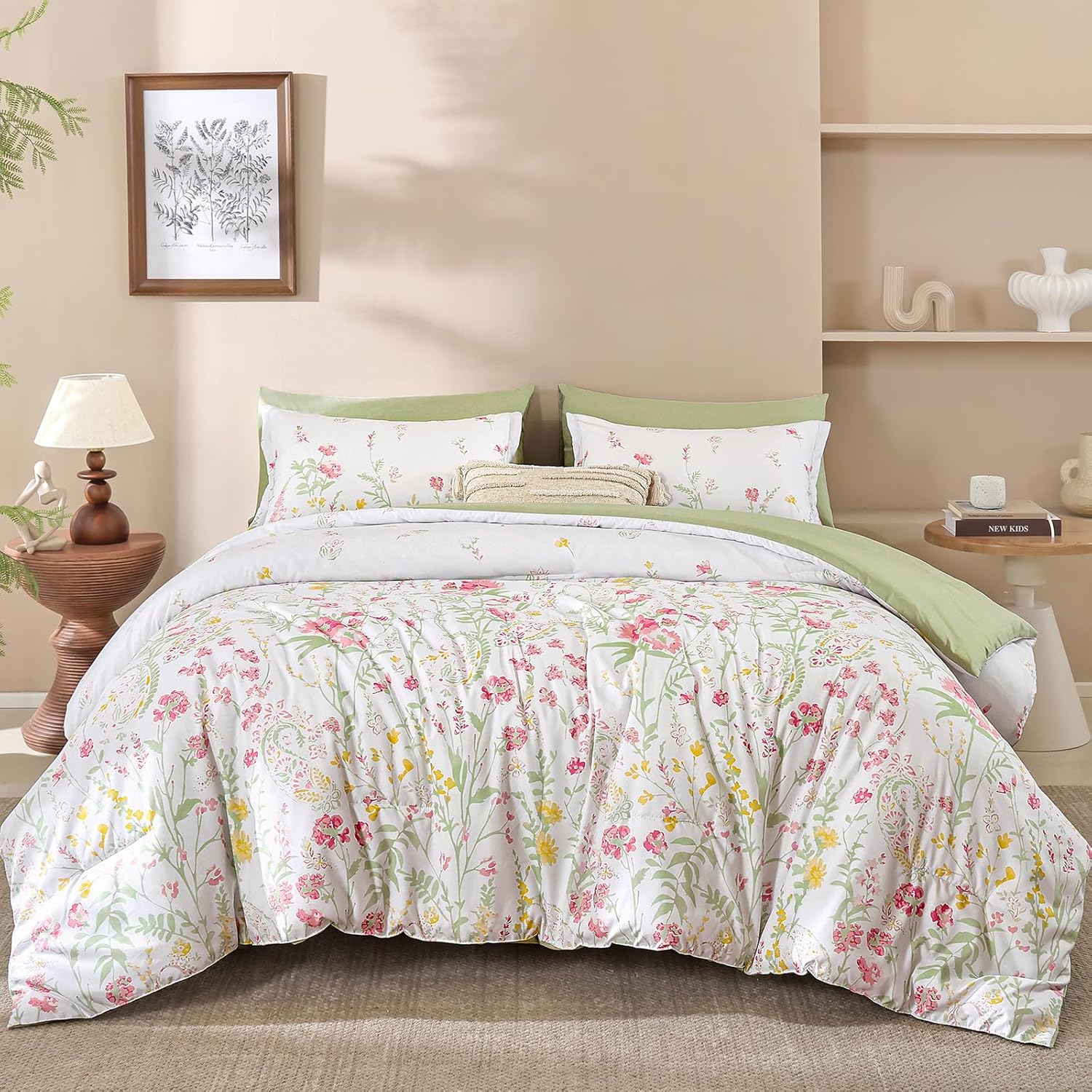 Yiran 7 Piece Pink Green Floral Comforter Set Queen Size, Cute Watercolour Botanical Comforter Bedding Set, Bed in a Bag Queen, Soft Microfiber Complete Bedding Set with Sheets for All Season - Image 2
