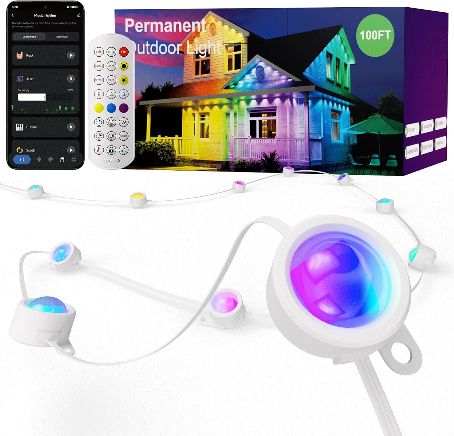 ISOPHO Permanent Outdoor Lights, Smart RGB String Lights with 75 Scene Modes, 100ft Eaves LED Light, Waterproof IP67, Applicable to All Holidays, Parties, Halloween, Christmas, App & Remote Control