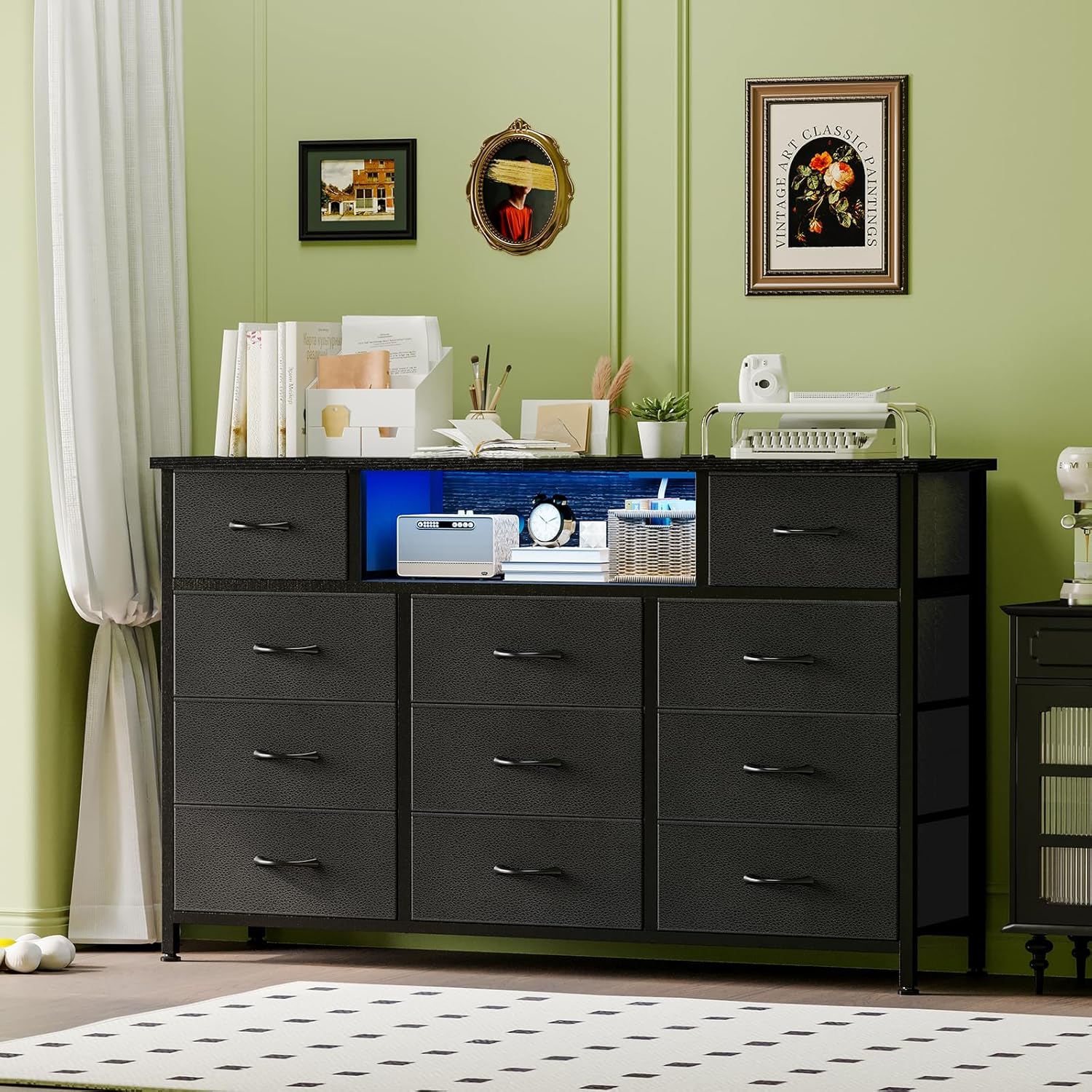 YGEOMER 59in Long Black Dresser for Bedroom TV Stand with Charging Station and LED Lights, Black Dresser with 11 Drawers, Fabric Chest of Drawers with PU Finish for Bedroom, Entryway - Image 2