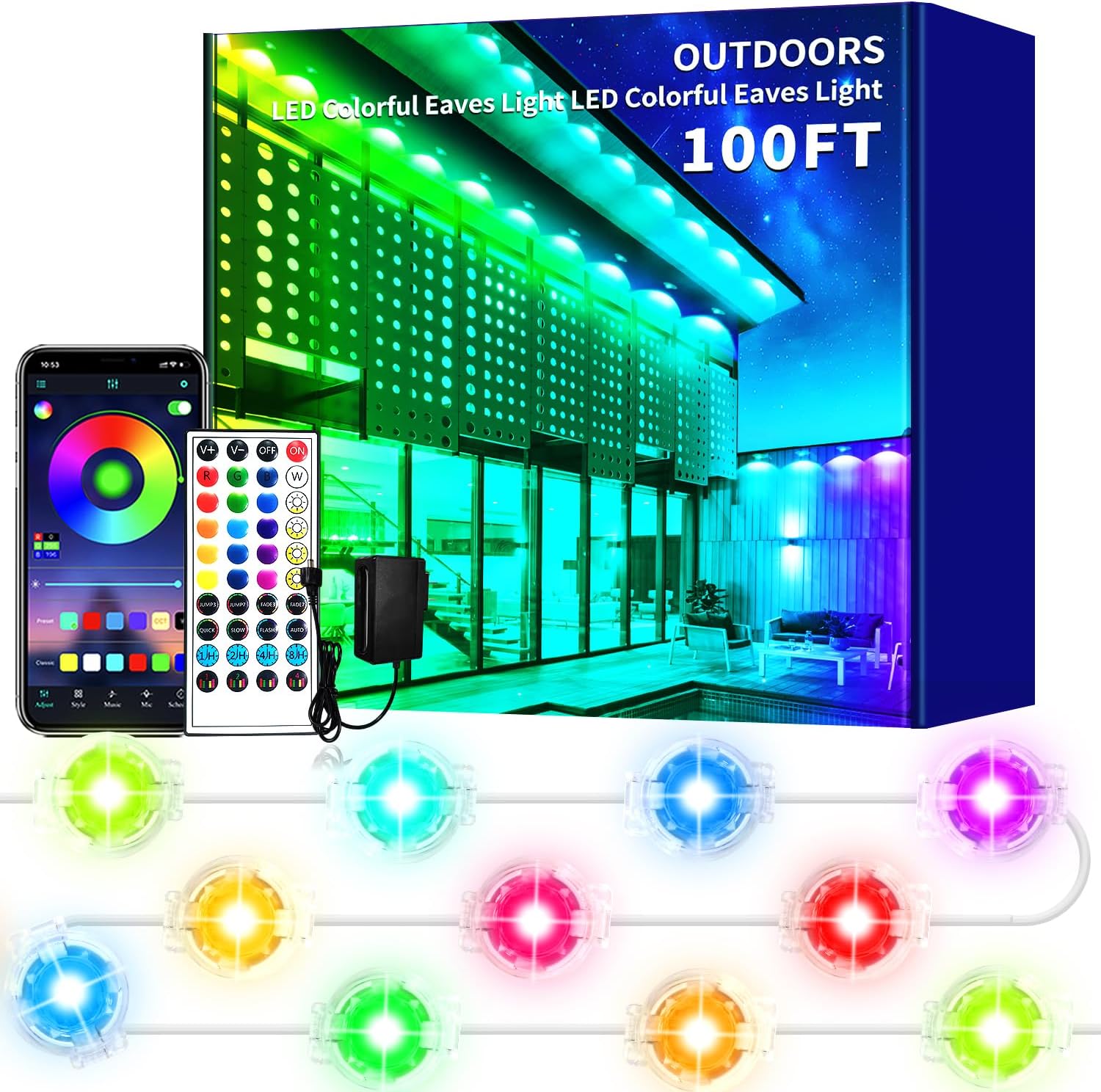 100FT Permanent Outdoor Lights – Waterproof Smart LED RGB Eaves Lights with App/Remote Control, Music Sync & DIY Scenes, Perfect for Christmas, Halloween, Parties & Daily Decor, Ideal for House Roof