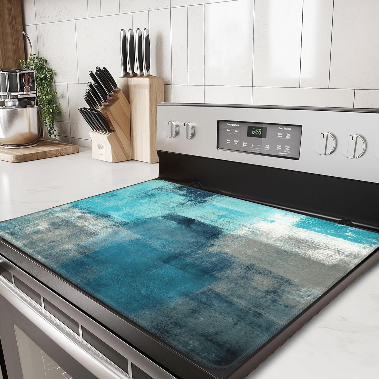Stove Top Cover for Electric Stove,Abstract Art Painting Heat Resistant Glass Cooktop Cover,Grey Blue Multipurpose/Counter/Washer Top Protector,Dishwasher Safe Natural Rubber(28″x19.5″)