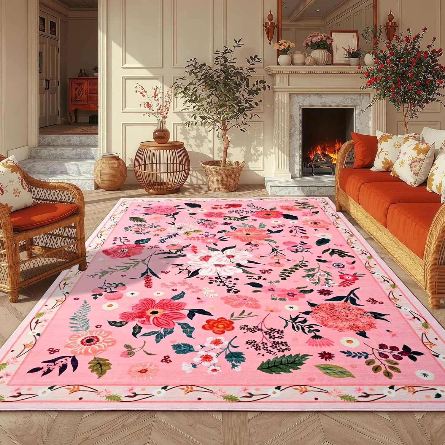 5×7 Pink Floral Rug for Living Room, Machine Washable Area Rugs with Non Slip Backingfor Girls Bedroom, Cute Flowers Carpet Kitchen Dining Room Kids Playroom Decor