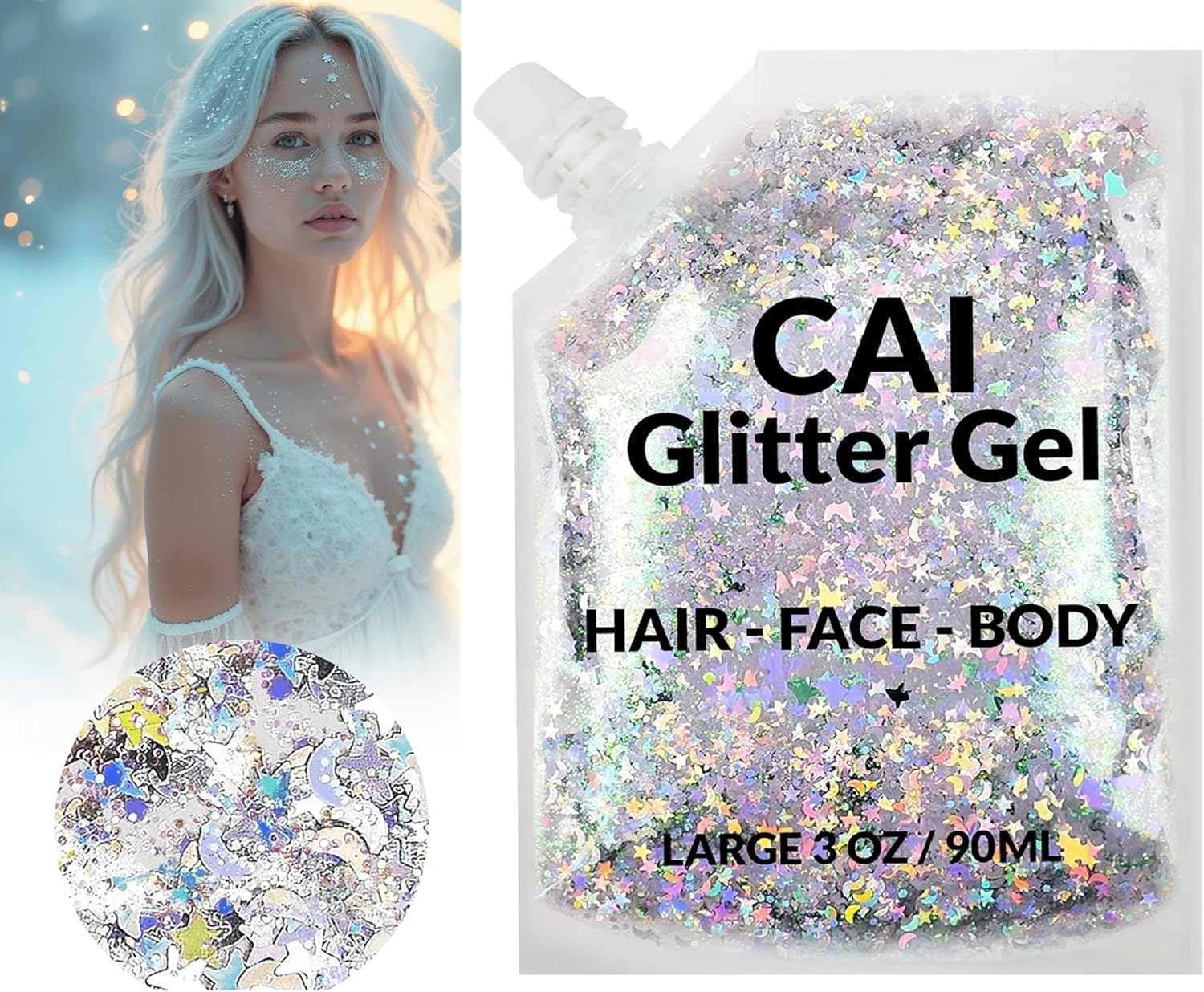 Face, Body & Hair Glitter Gel – Halloween Glitter for Kids and Women – 3 Oz Cosmetic-Grade Gel w/Moon & Stars for Festivals & Halloween Party, Easy Apply & Wash Off - Silver 1Pack - Image 6
