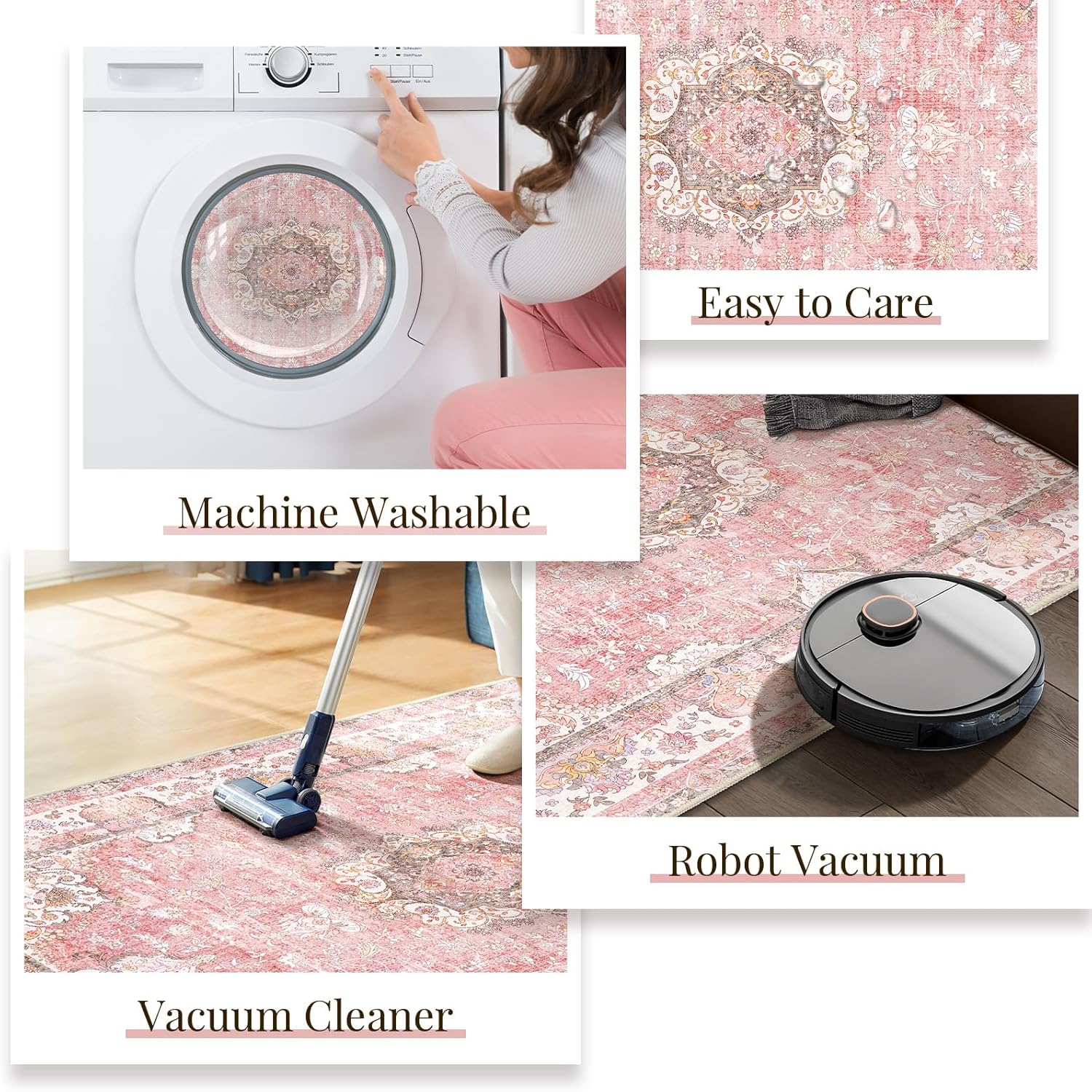 Pink Rug 3'x5',Washable Area Rugs for Bedroom Living Room Kitchen Entryway Bedside,Small Boho Vintage Bohemian Distressed Oriental Non Slip Carpet,Blush Floral Flowers - Image 5