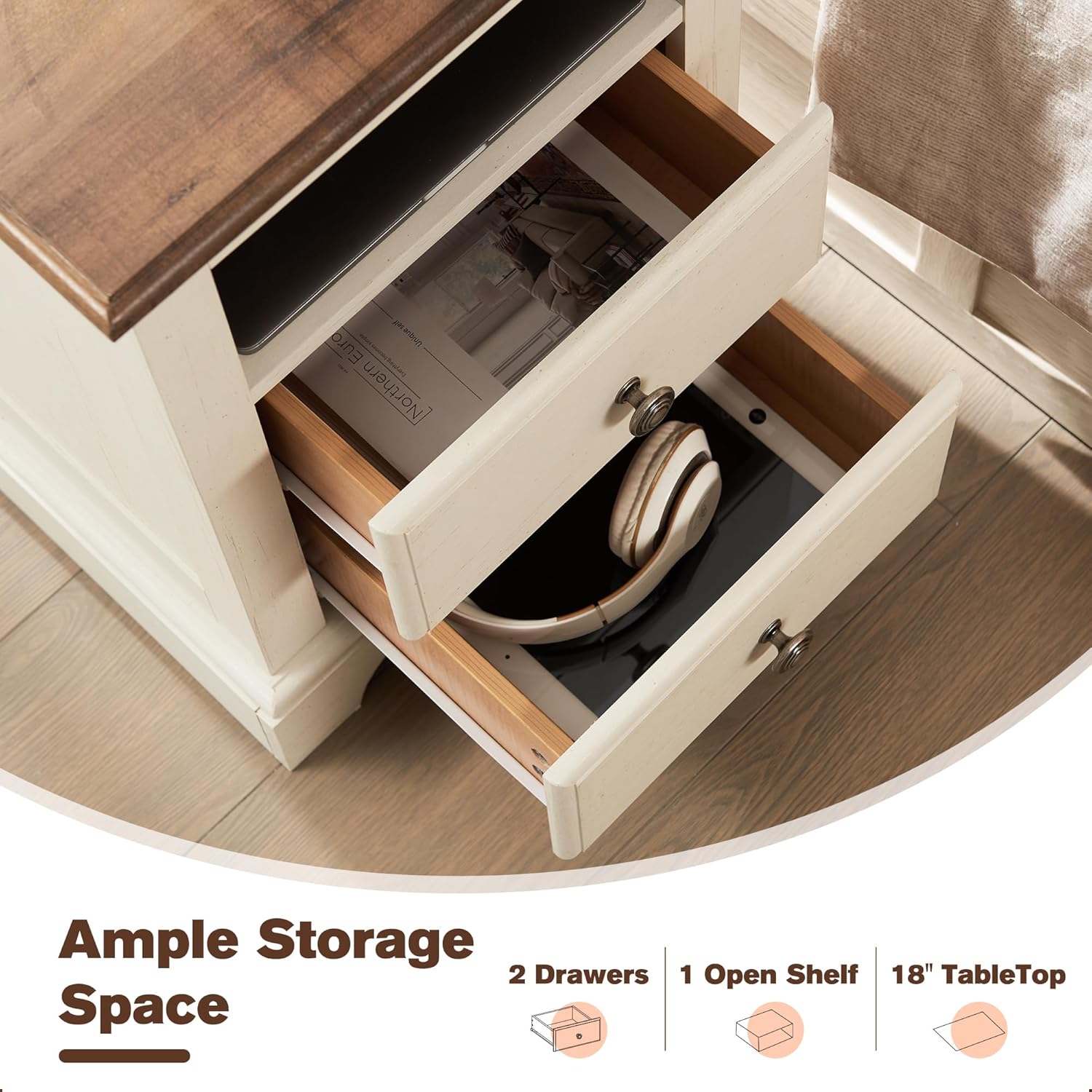 T4TREAM Nightstand with Charging Station, 18 Inch Vintage End Table with 2 Drawers, Wood Rustic Sofa Side Table with Open Storage Shelf for Bedroom, Living Room, Antique White - Image 5