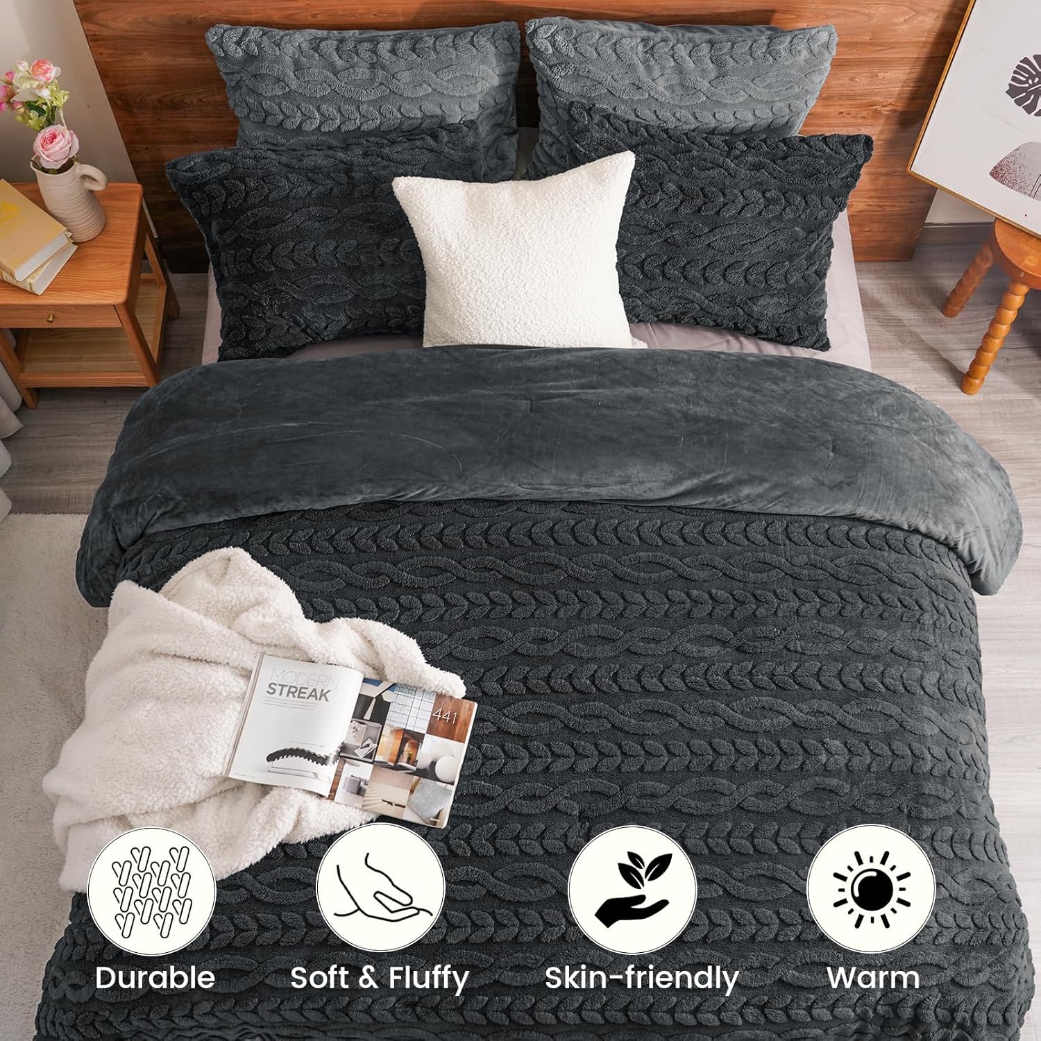 PHF Fluffy Sherpa Fleece Queen Comforter Set, 3 Pieces Warm Fuzzy Soft Bedding for Winter, 3D Tufted Flannel Plush Shaggy Bed Set, 1 Comforter (90"x90") and 2 Pillowcases (20"x26"), Dark Grey - Image 4