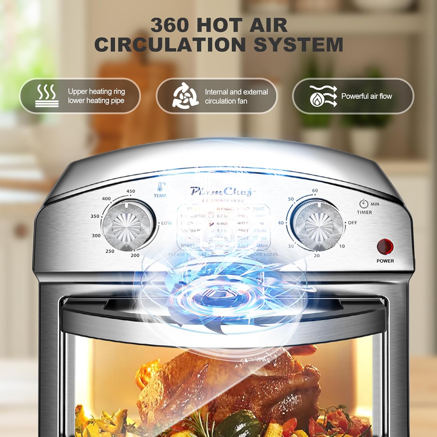 PlumChef 13 Quart 4 Slices Air Fryer Convection Toaster Oven, 1500W, Multifunction Oven with Reference Menus on Panel, Time and Temperature Controls,Stainless Steel - Image 8