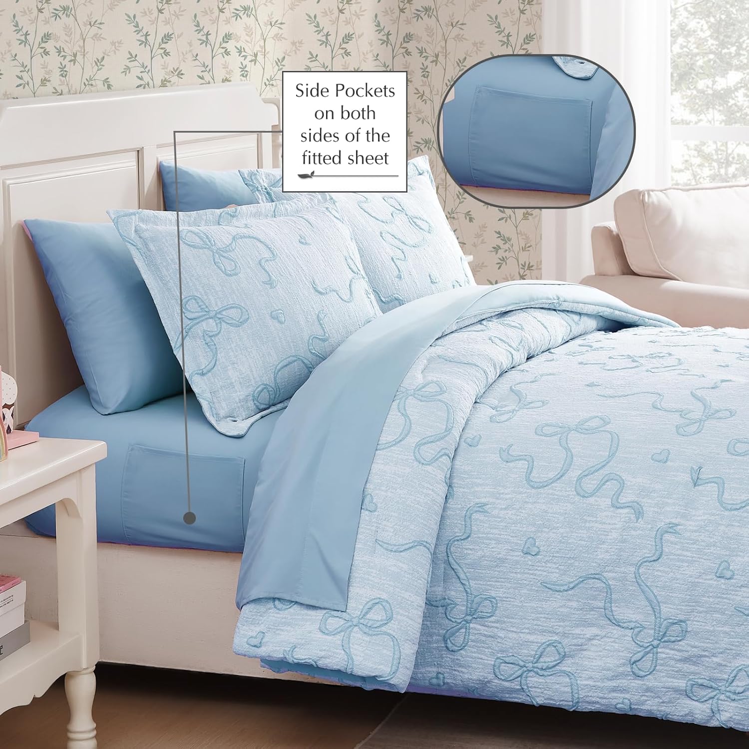 Geniospin Light Blue Full Comforter Set for Girls- 7 Pieces Bowknot Jacquard Bed in A Bag Twin Bedding Sets with Sheets, Pillowcases & Shams, All Season Kids Comforter Set - Image 3