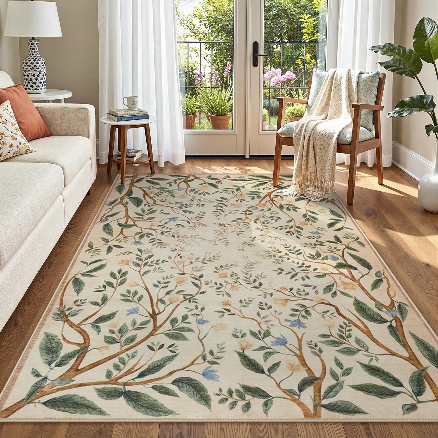 Collive Washable Area Rugs for Living Room, Beige 5x7 Bedroom Rug, Floral Forest Botanical Flourishing Vines Soft Non-Slip Stain Resistant Boho Carpet for Dining Room Office - Image 2