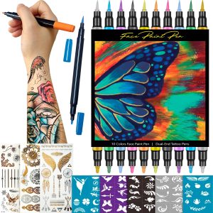 Temporary Tattoo Markers for Skin - Dual Tip 10 Colors Tattoo Pens for Skin Temporary, Washable Metallic Tattoo Markers with Stencils, Flexible Body Markers, Skin-Safe Face Paint Kit for Kids Adults