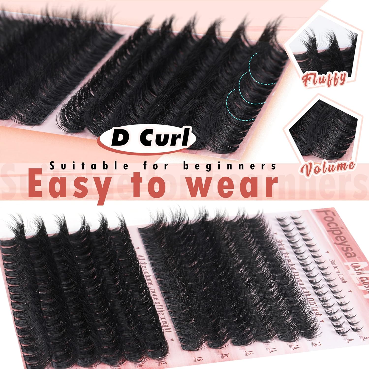 Focipeysa Eyelash Clusters 100D 200D Lashes Extensions with Bottom Lash Volume Fluff Lash Clusters 256pcs Individual Eyelash Extensions 12-18mm Eyelash Extensions DIY D-Curly Lash Extension at Home - Image 4
