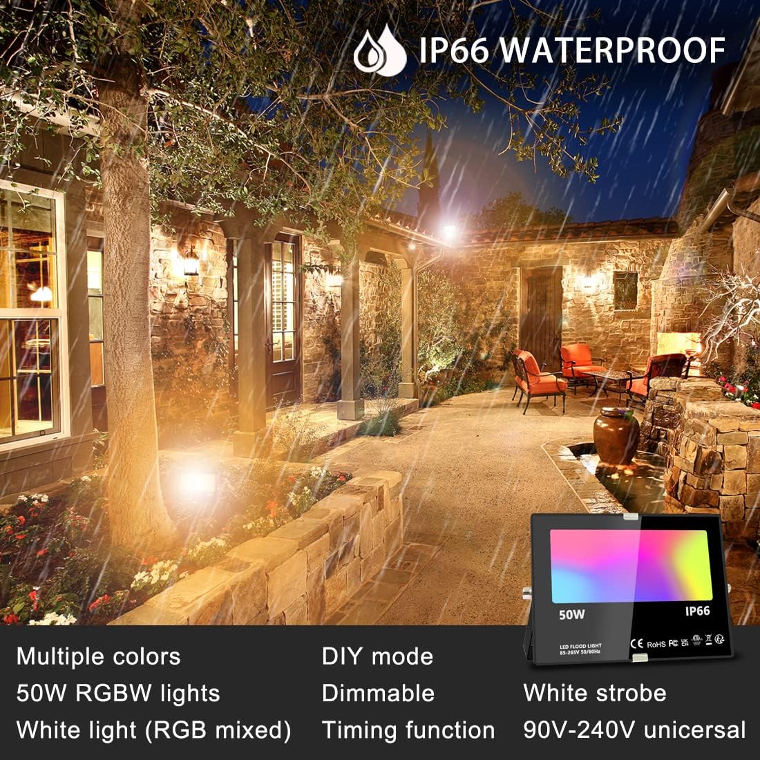 MELPO Led Flood Light 500W Equivalent, RGBW Led Outdoor Lights Colored Floodlight with Remote,50W,5000ML 2700K,120 Colors, Timing, Dimmable, Custom Modes, Landscape Lighting (2 Pack) - Image 2