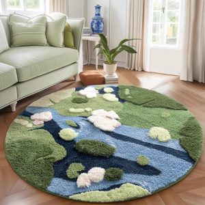 YIHOUSE Modern Round Area Rug, Grass Green Moss Aesthetic Rug for Bedroom Non-Slip Throw Shag Fluffy Carpet Washable Circle Rug for Nursery Room Girls Living Room Playroom Home Dorm Decor(4x4Ft)