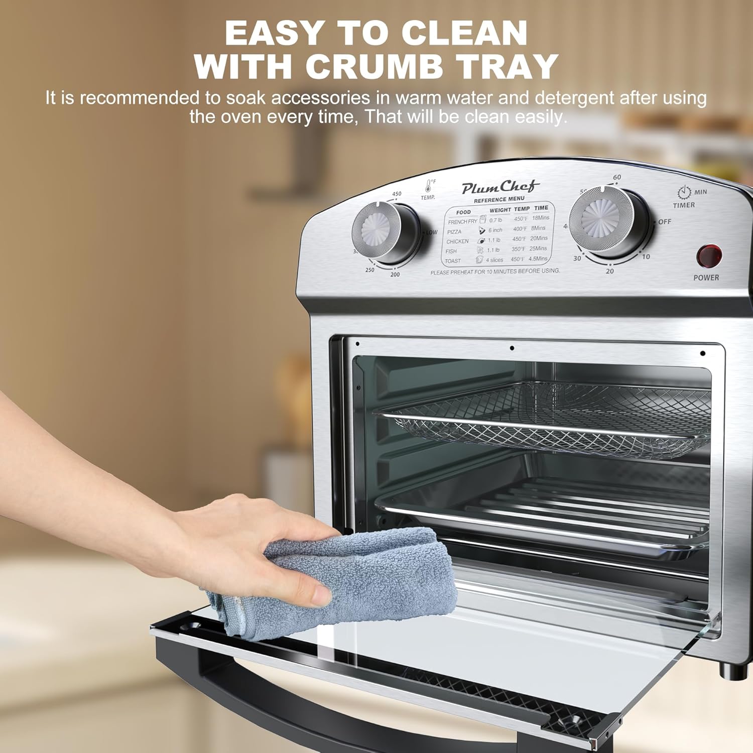 PlumChef 13 Quart 4 Slices Air Fryer Convection Toaster Oven, 1500W, Multifunction Oven with Reference Menus on Panel, Time and Temperature Controls,Stainless Steel - Image 9