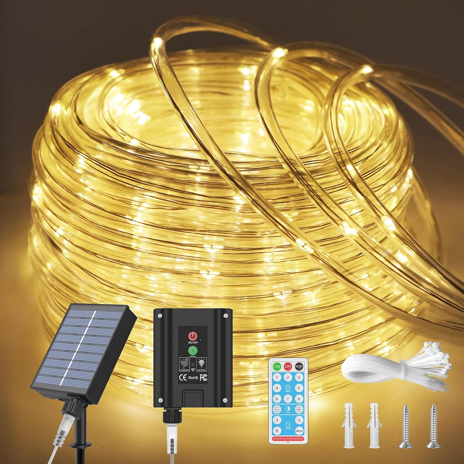 ICRGB Solar Rope Lights Outdoor, 66FT 200LED Christmas Fairy Light with Remote, IP67 Waterproof Solar String Lights, Timing & 8 Modes, Outdoor Light for Garden Patio Porch Pool, Warm White - Image 9