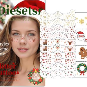 Christmas Glitter Face Tattoo,Diesetsr Body Glitter Temporary Tattoos Patches, Festival Rave Outfits for Women, Sparkle Patches for Kids, Party Christmas Festival Decorations,30 PCS