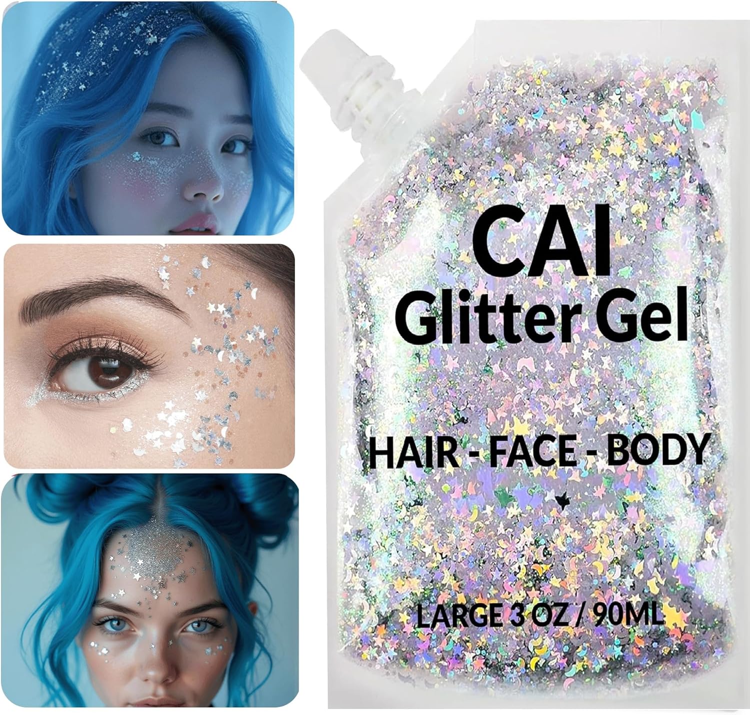 Face, Body & Hair Glitter Gel – Halloween Glitter for Kids and Women – 3 Oz Cosmetic-Grade Gel w/Moon & Stars for Festivals & Halloween Party, Easy Apply & Wash Off - Silver 1Pack - Image 8