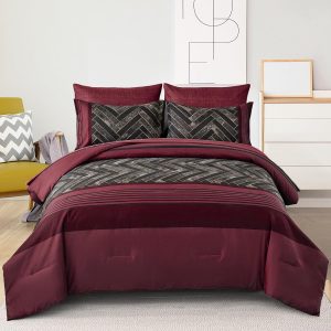 Luxudecor Burgundy Comforter Set Queen Size 7 Pieces Red and Black Stripe Bed in a Bag Geometric Comforter and Sheet Set, Soft Microfiber Complete Bedding Sets for All Seasons