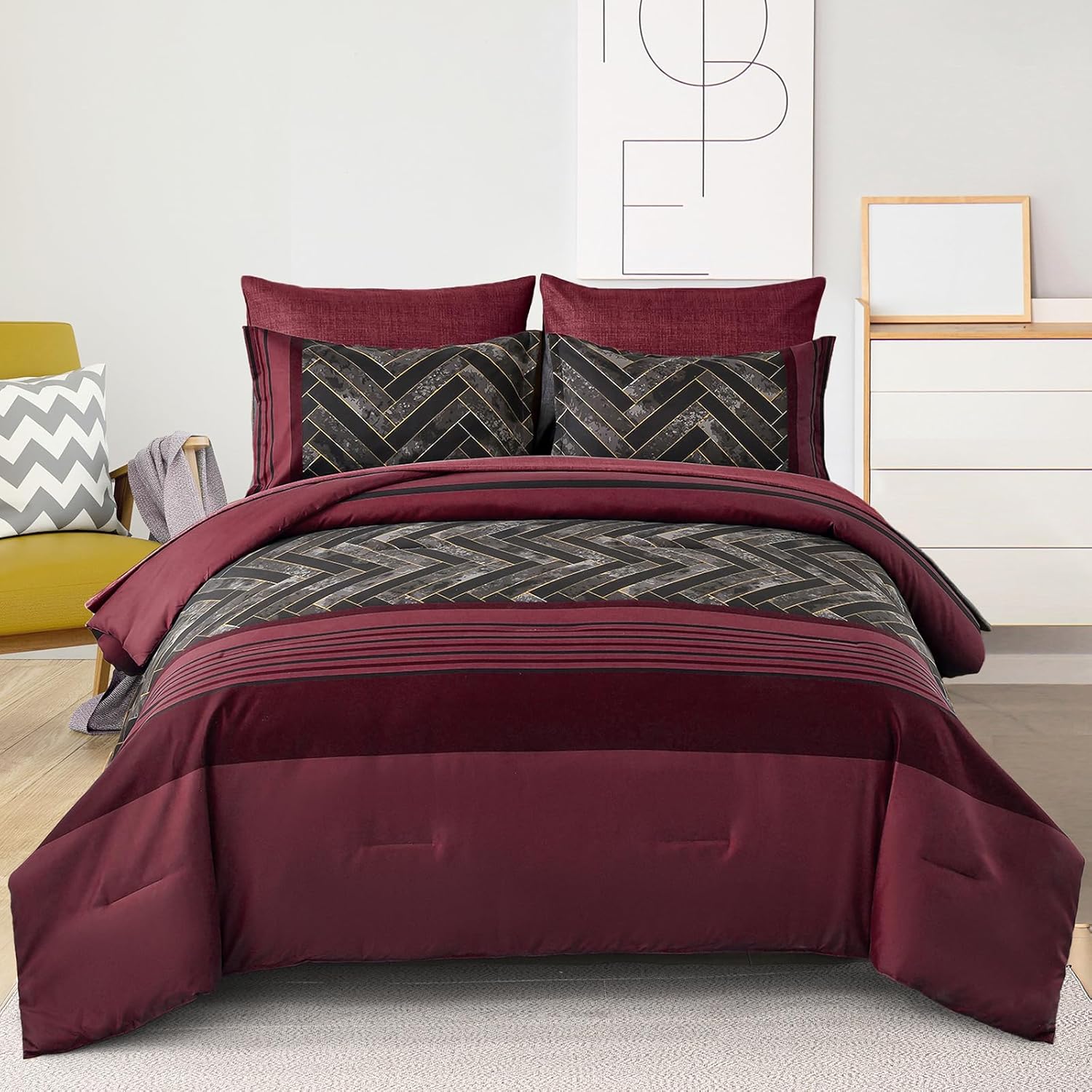 Luxudecor Burgundy Comforter Set Queen Size 7 Pieces Red and Black Stripe Bed in a Bag Geometric Comforter and Sheet Set, Soft Microfiber Complete Bedding Sets for All Seasons