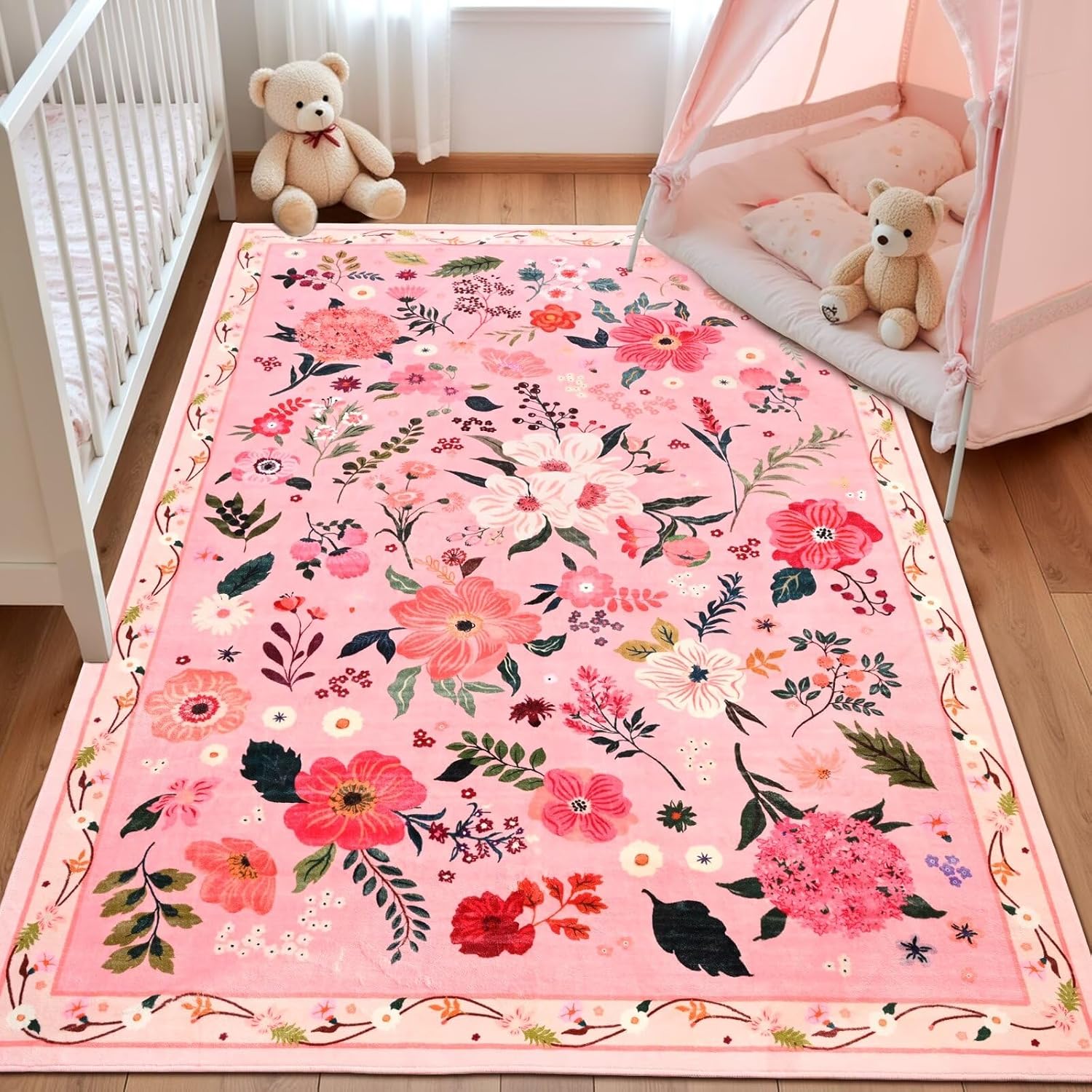 5x7 Pink Floral Rug for Living Room, Machine Washable Area Rugs with Non Slip Backingfor Girls Bedroom, Cute Flowers Carpet Kitchen Dining Room Kids Playroom Decor - Image 9