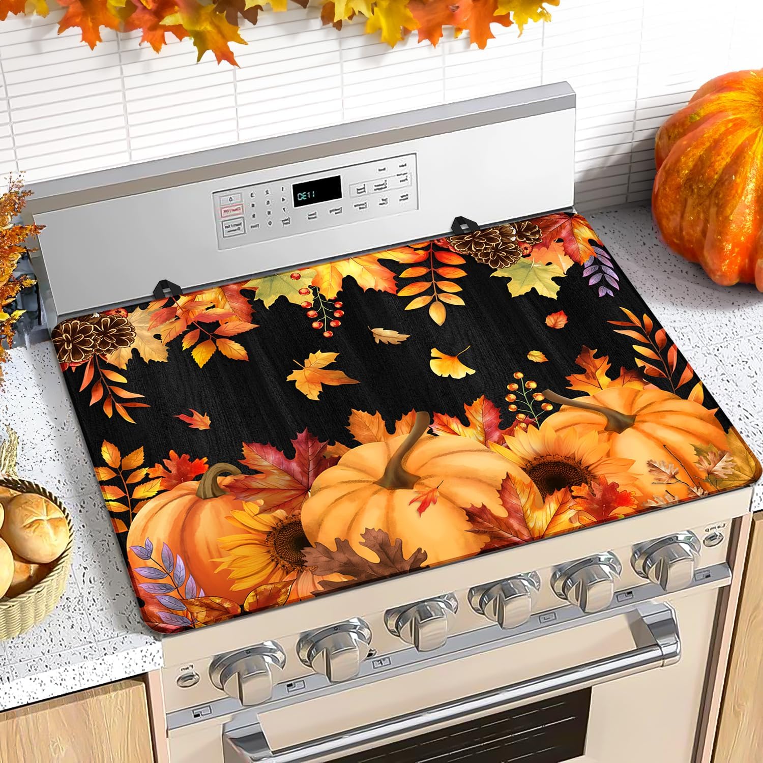 Fall Stove Top Cover for Electric Stove, Pumpkin Heat Resistant Glass Top Stove Cover Protector 28×20 inch, Maples Cooktop Cover for Kitchen, Sunflower Cooktop Cover for Kitchen, Thanksgiving Decor
