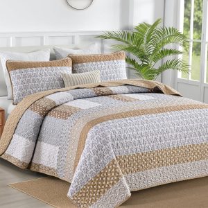 WONGS BEDDING Brown Quilt Queen Size, Bohemian Stripe Quilt Sets 3 Pieces Boho Quilted Bedspread Set Lightweight Microfiber Coverlet Bedding Set All Season (96"x90")