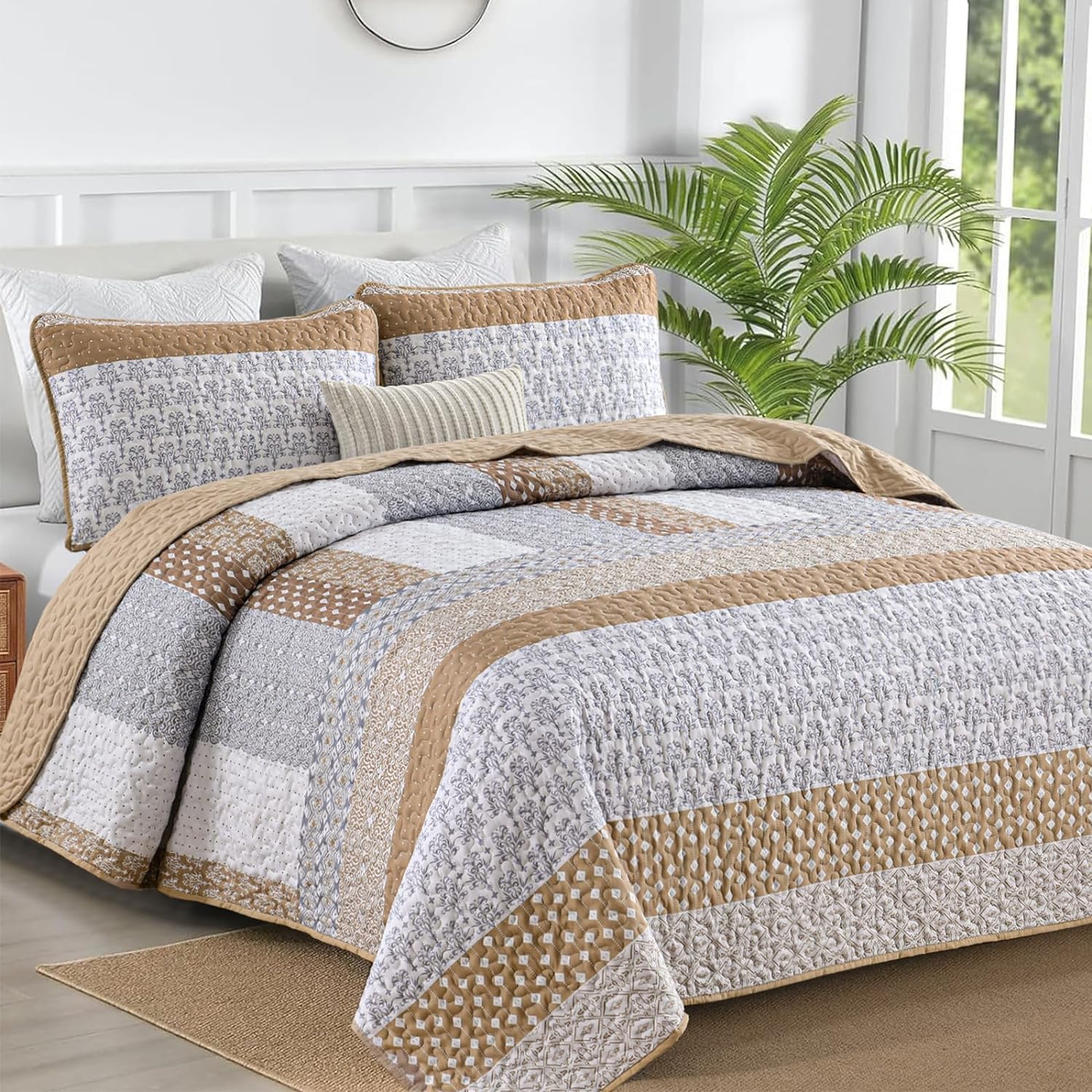 WONGS BEDDING Brown Quilt Queen Size, Bohemian Stripe Quilt Sets 3 Pieces Boho Quilted Bedspread Set Lightweight Microfiber Coverlet Bedding Set All Season (96″x90″)