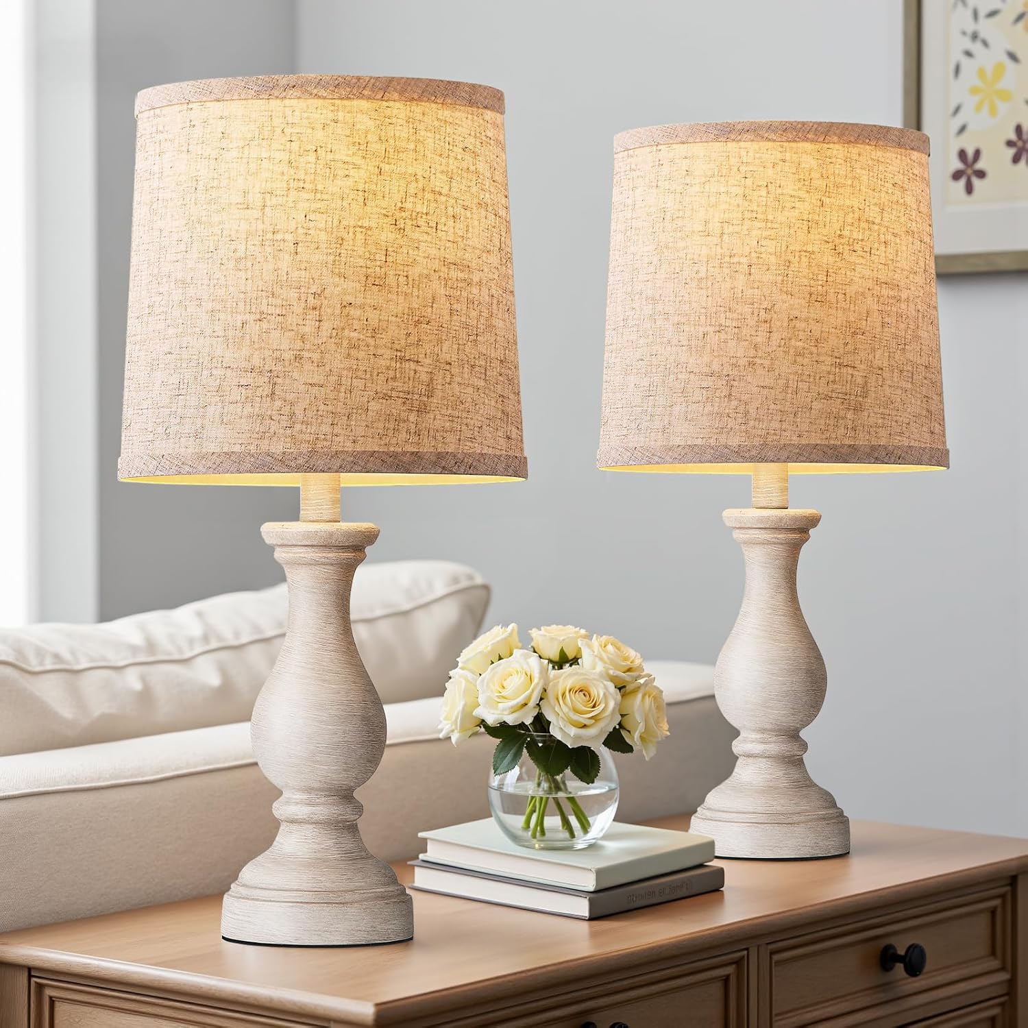 Seealle Farmhouse Table Lamps Set of 2 – Rustic Bedroom Lamps for Living Room, 22″ Boho Bedside Lamp for Night Stands End Table Office Desk Lamp Nightstand Clearance Decorating with Linen Shades