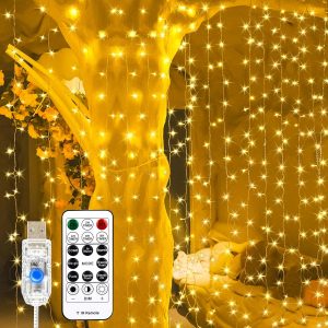 Curtain Light for Bedroom, 200LED 6.6x6.6ft Warm White Window Wall Hanging Fairy Curtain String Light, 8 Modes Remote Fairy String Lights Indoor for Wedding Party Home Garden Decorations
