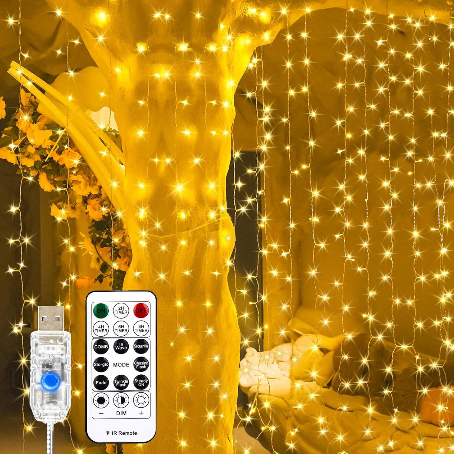 Curtain Light for Bedroom, 200LED 6.6×6.6ft Warm White Window Wall Hanging Fairy Curtain String Light, 8 Modes Remote Fairy String Lights Indoor for Wedding Party Home Garden Decorations