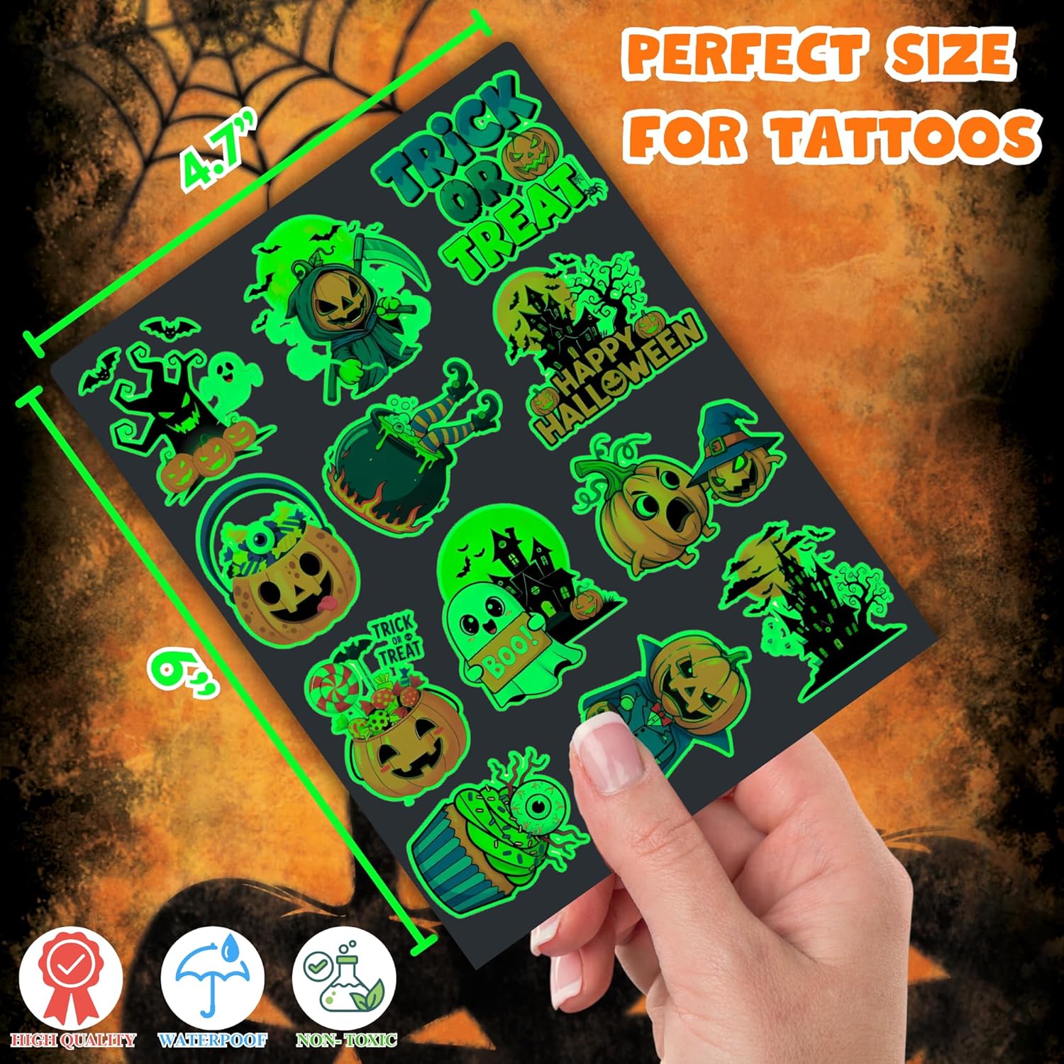 Luminous Halloween Temporary Tattoos for Kids - 50 Pieces Halloween Glow In The Dark Tattoos for Boys and Girls,Bulk Halloween Prizes Treat or Trick Party Favor Goody Bag Stuffers - Image 5