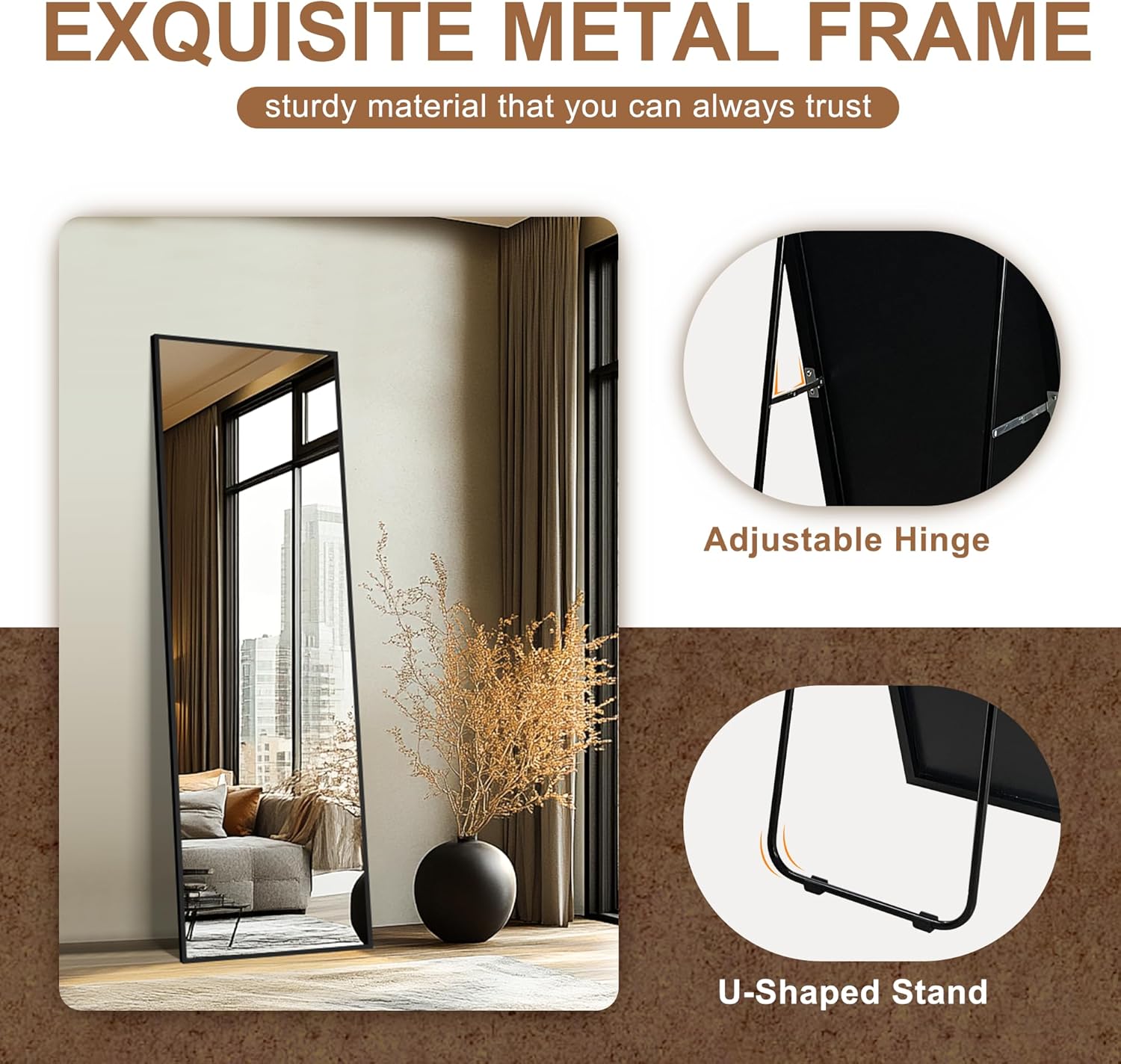 Delma Full Length Standing Mirror,Large Floor Mirror with Aluminum Frame for Bedroom, Bathroom, Living Room,Wall Mount or Freestanding Design(with Stand,Rect 69x24-Black) - Image 5