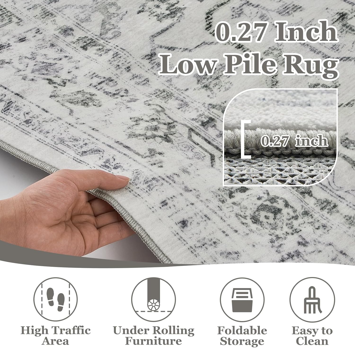 Distressed Farmhouse 5x7 Area Rugs for Living Room Bedroom Non Slip Washable, Medallion Pattern Printed Low Pile Thin Carpet Rugs for Dining Room/Kitchen/Home Office, Off White/Grey - Image 5