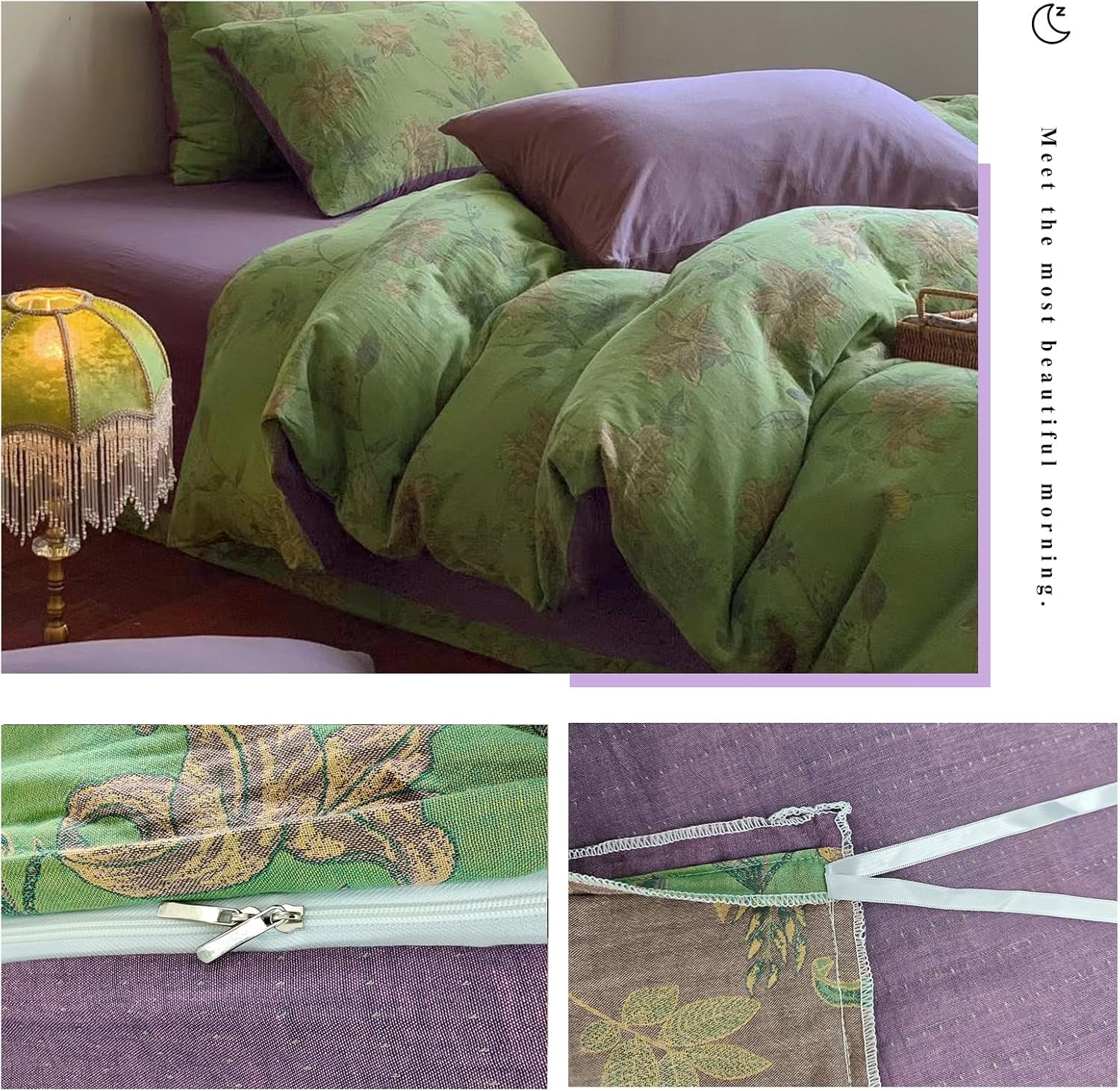 VM VOUGEMARKET Linen Cotton Jacquard Duvet Cover Queen,3 Pcs Yarn-Dyed Textured Duvet Cover Set Green Purple Floral Bedding Breathable, Natural Wrinkled Look-No Comforter - Image 5