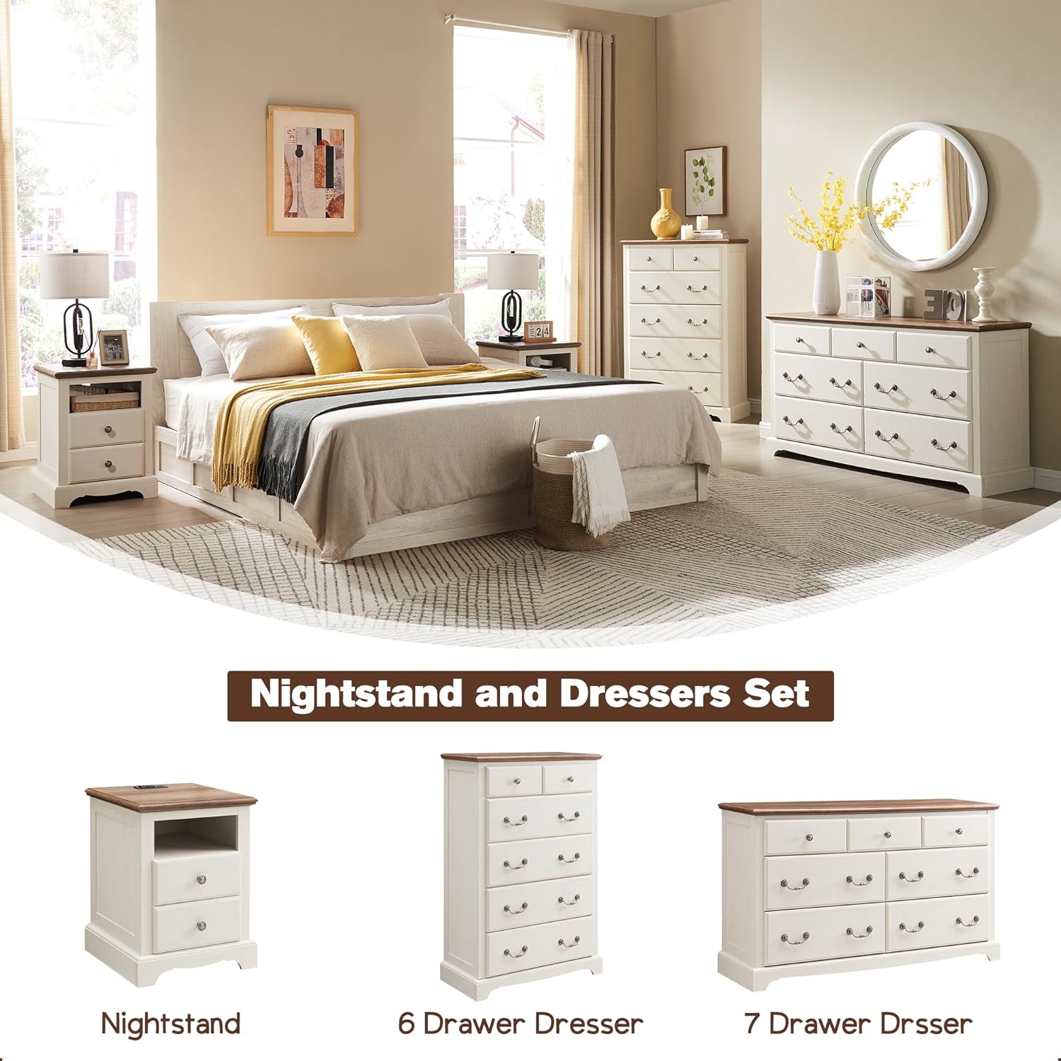 T4TREAM Nightstand with Charging Station, 18 Inch Vintage End Table with 2 Drawers, Wood Rustic Sofa Side Table with Open Storage Shelf for Bedroom, Living Room, Antique White - Image 7