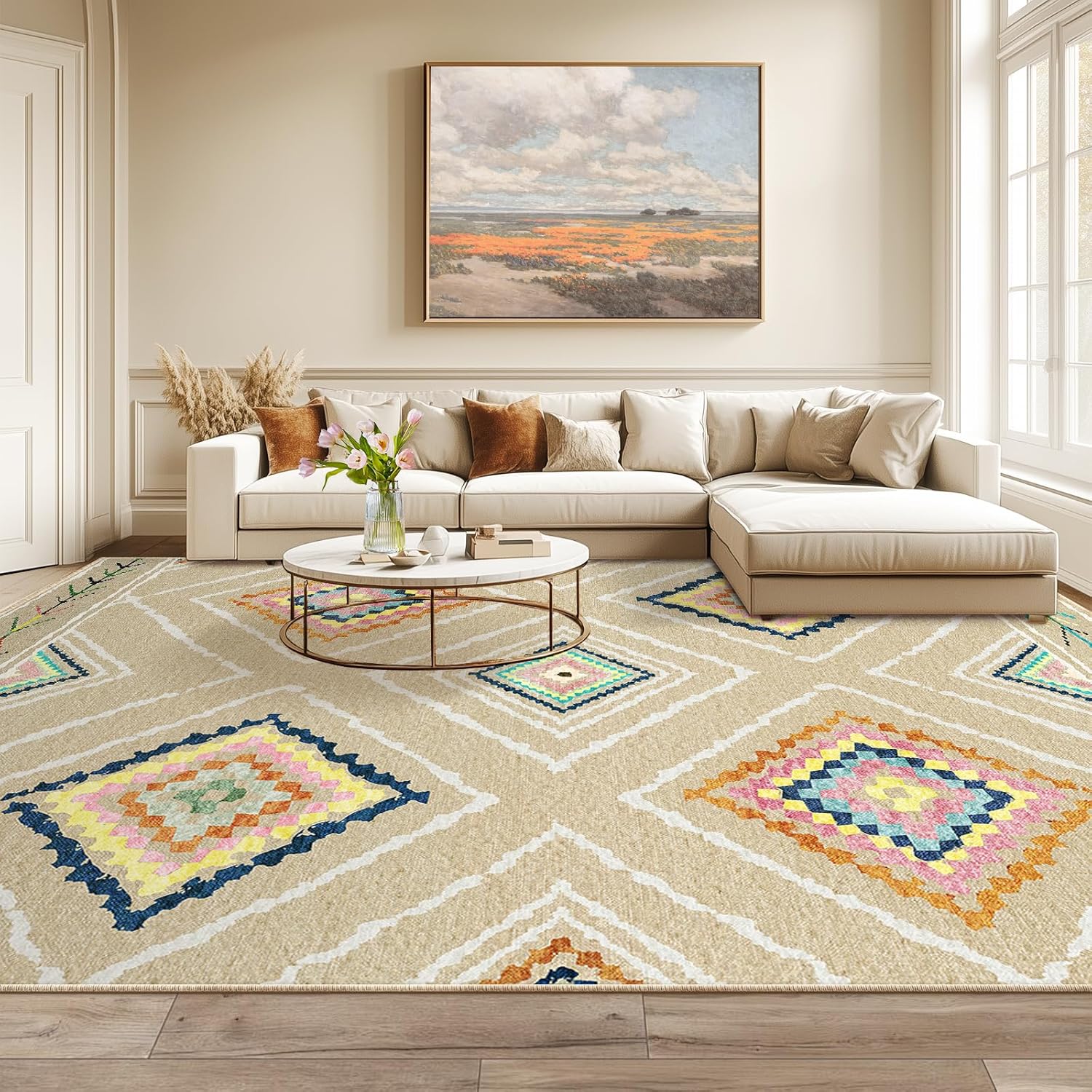 Area Rug 8×10 Rug Machine Washable Non-Slip Low Pile Print Pattern Western Rug for Living Room Bedroom Entryway Tribal Series -Cream/Beige