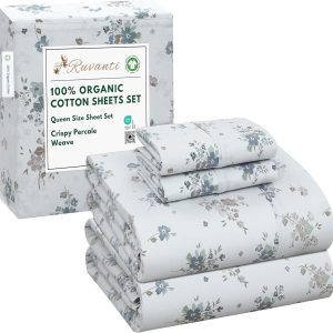 RUVANTI 100% Organic Cotton Sheets Queen Size, Percale Weave, GOTS Certified, 4-Piece Set, Deep Pocket 15", Crisp & Breathable, Soft Durable Bedding, Sábanas Algodón Orgánico – Halcyon