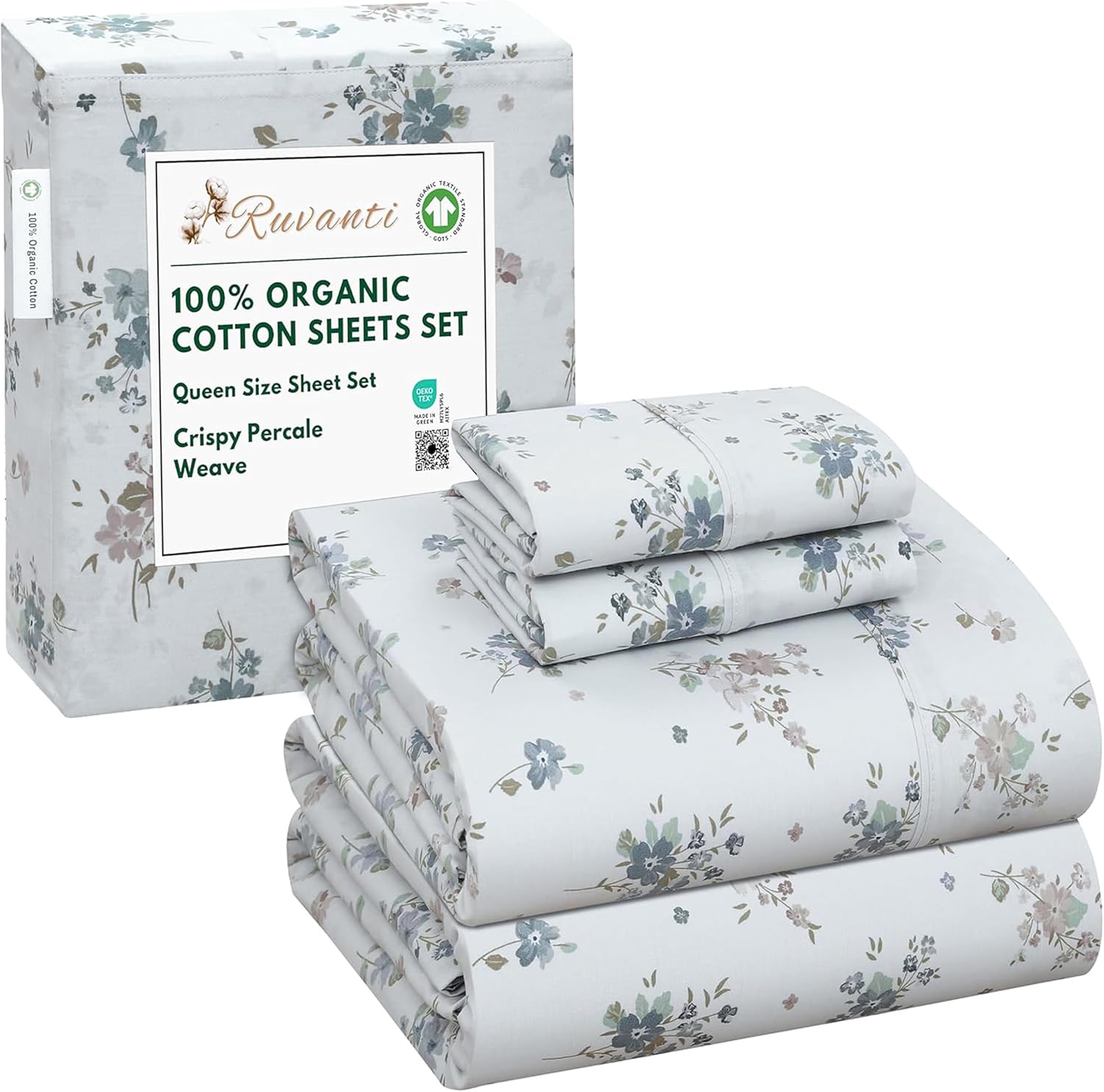 RUVANTI 100% Organic Cotton Sheets Queen Size, Percale Weave, GOTS Certified, 4-Piece Set, Deep Pocket 15″, Crisp & Breathable, Soft Durable Bedding, Sábanas Algodón Orgánico – Halcyon