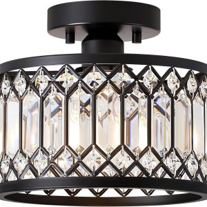 Crystal Black Ceiling Light, Modern Semi Flush Mount Ceiling Lighting Fixture, Round Hallway Lighting Fixtures for Kitchen Entryway Bedroom Laundry Room, 1-Light, 9 Inch