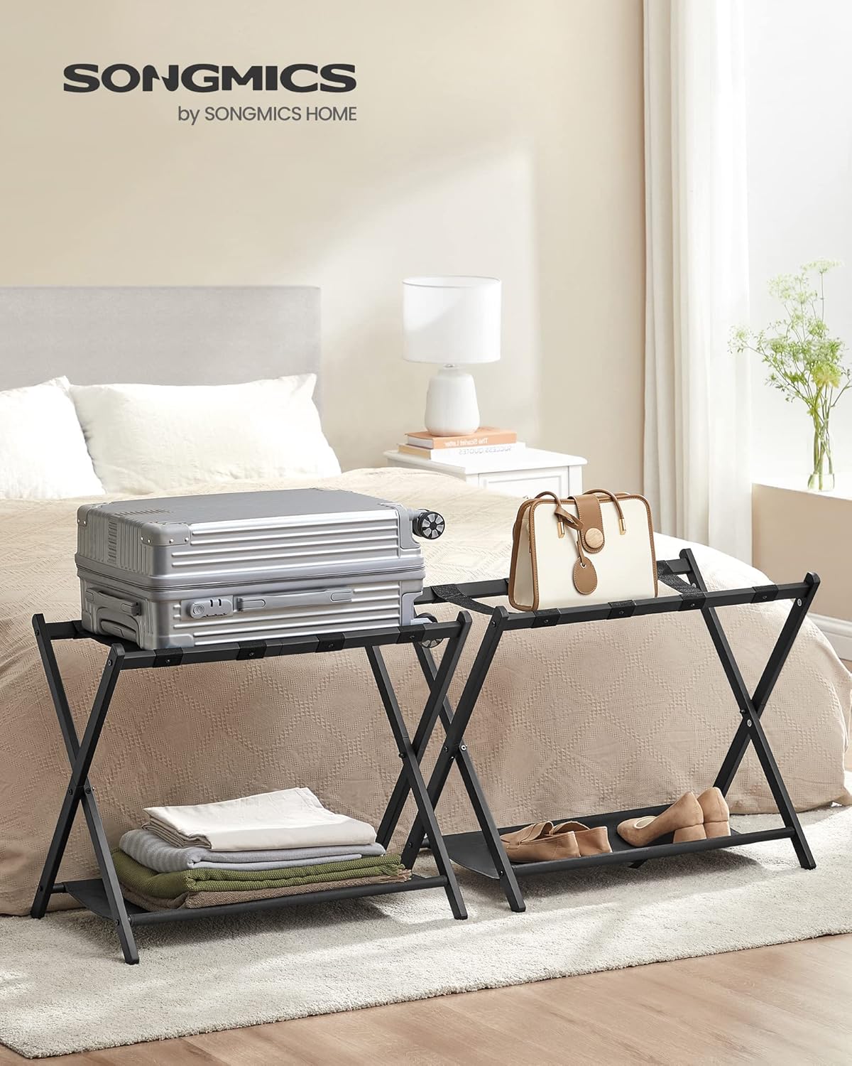 SONGMICS Luggage Racks for Guest Room, Set of 2, Suitcase Stand with Storage Shelf, Steel Frame, Foldable for Easy Storage, Hotel, Bedroom, Black URLR003B02 - Image 2