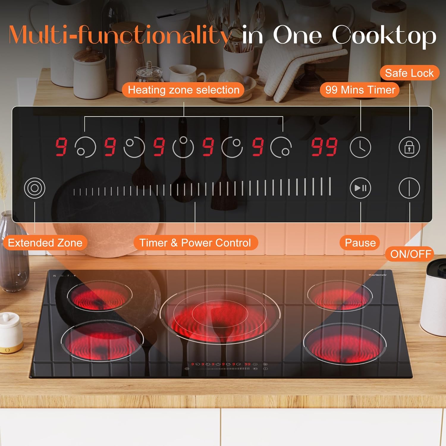 36 Inch Electric Cooktop, 5 Burner Electric Cooktop Bulit in, 9200W, 9 Power Levels, Electrics Stove with Timer, Safety Lock, Pause, 220V-240V Hard Wire - Image 5