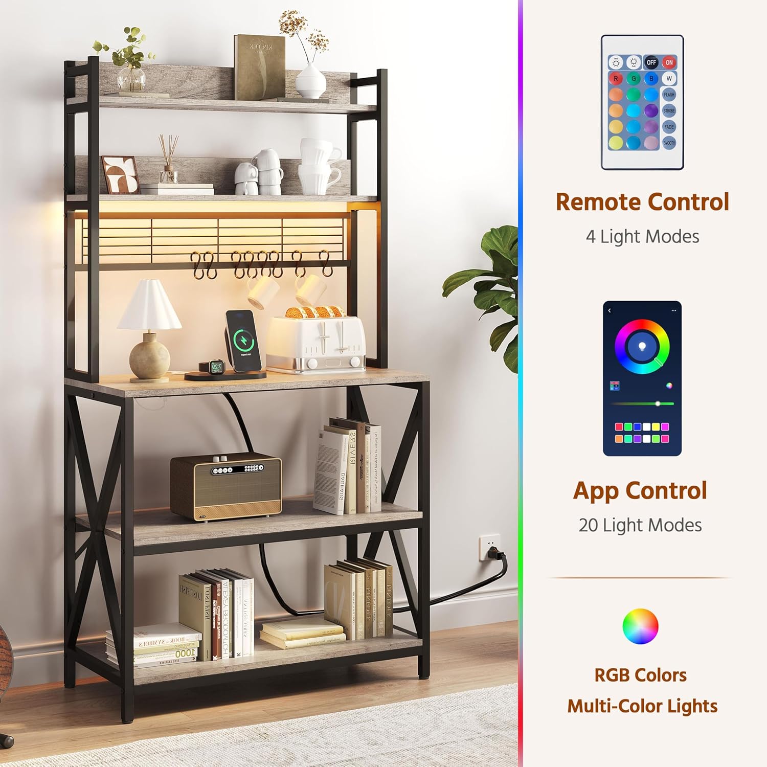 Yaheetech Kitchen Bakers Rack with Power Outlet & LED Lights, 5 Tiers Coffee Bar Table with 8 S Hooks, 64 Inches Tall Microwave Oven Stand with Storage for Spices, Pots, Gray - Image 5