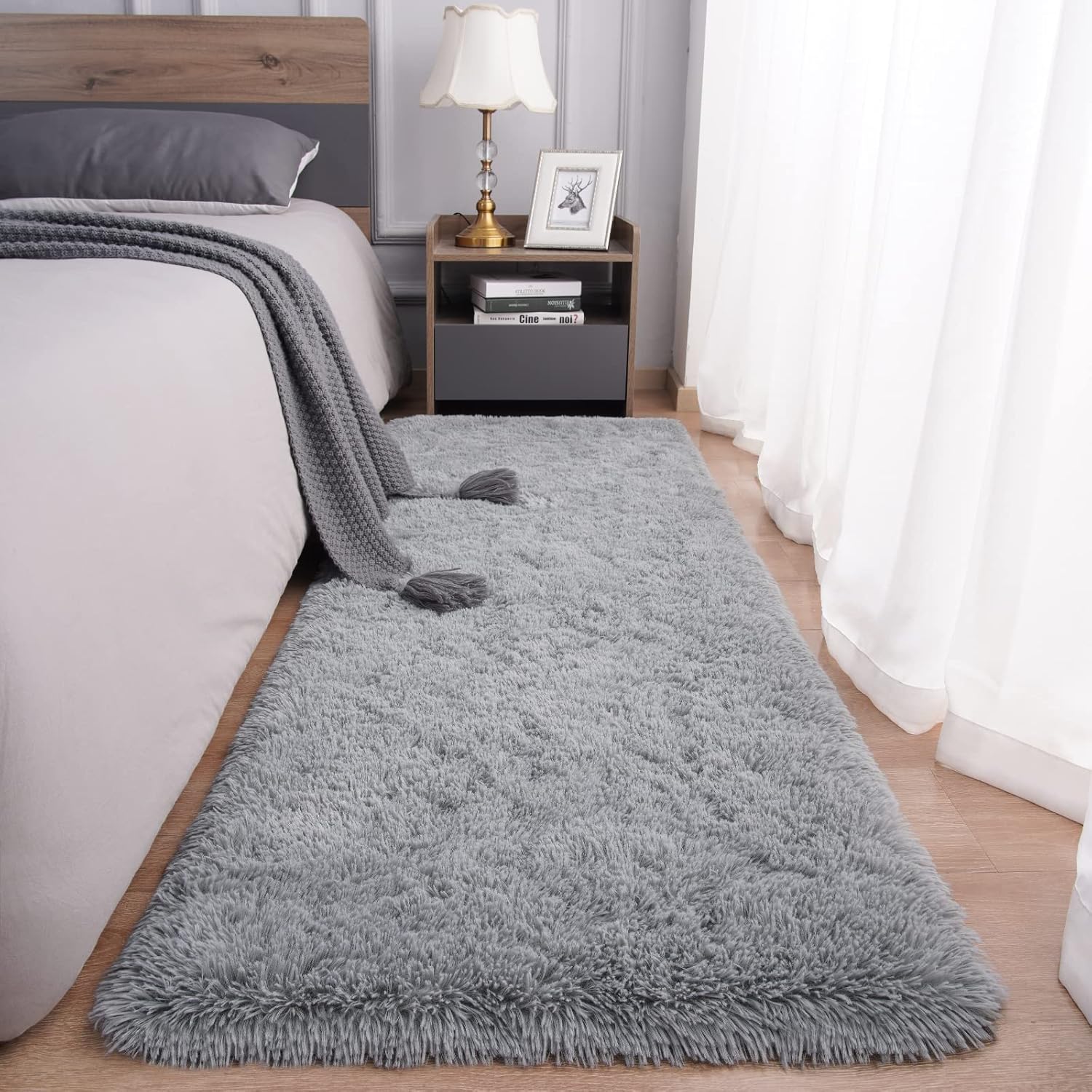 Rugs for Bedroom Long Plush 2×6 Feet Runner Rug for Living Room Ultra Soft Shaggy Carpet for Christmas Home Decor Fluffy Mat Faux Fur Rug for Bedside Nursery Kids Room College Drom, Grey